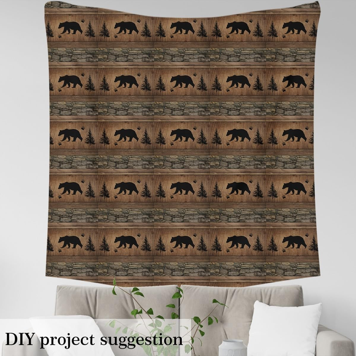 Rustic Bear fabric by Castle Fairy featuring vintage wildlife silhouette, waterproof outdoor fabric in natural tones.