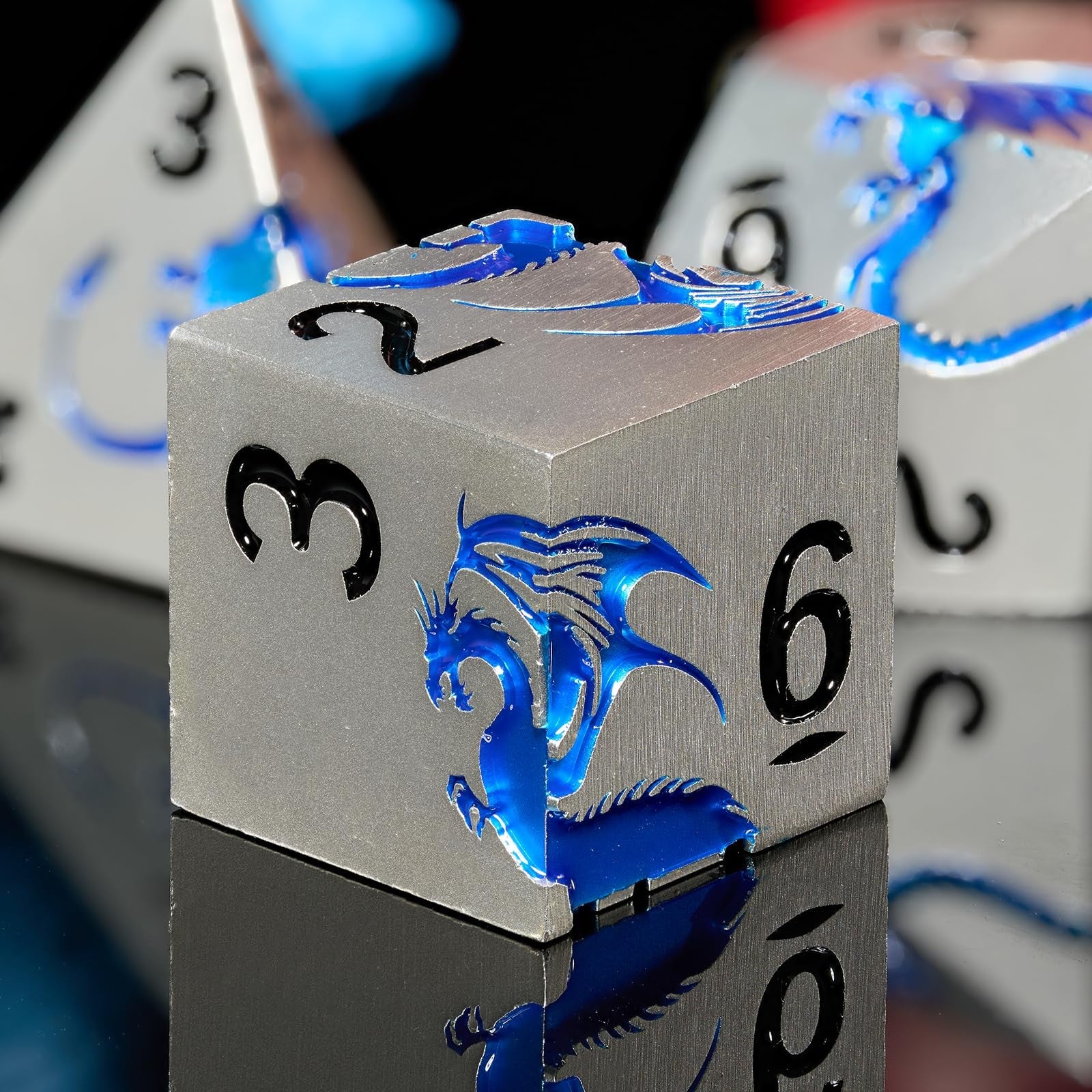 Blue Dragon Metal D&D dice set by HNCCESG featuring seven heavy zinc alloy RPG dice with intricate dragon designs.