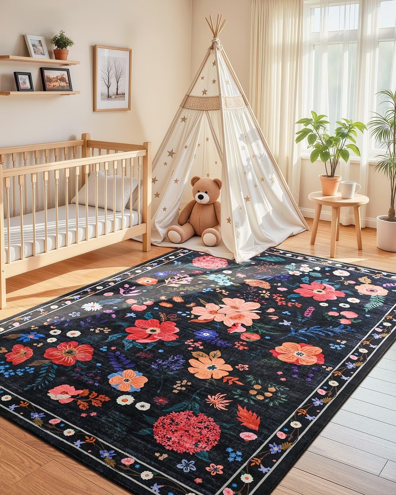 Macgace black floral 4x6 washable area rug with girl-themed floral design, suitable for girls' bedrooms, shown laid out on a floor.