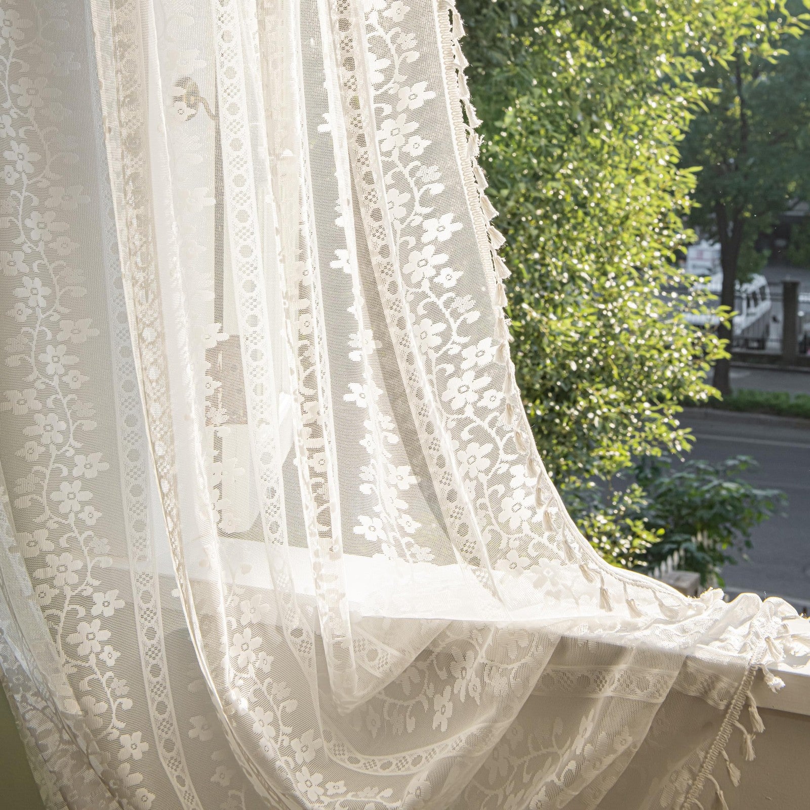 Sutuo Home Boho curtains with floral crochet and macrame design, two 84-inch panels for window decor.