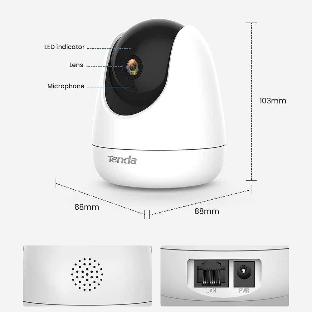 Tenda CP6 2K indoor wireless pan tilt camera for home security and baby monitoring, showing the camera mounted on a wall.