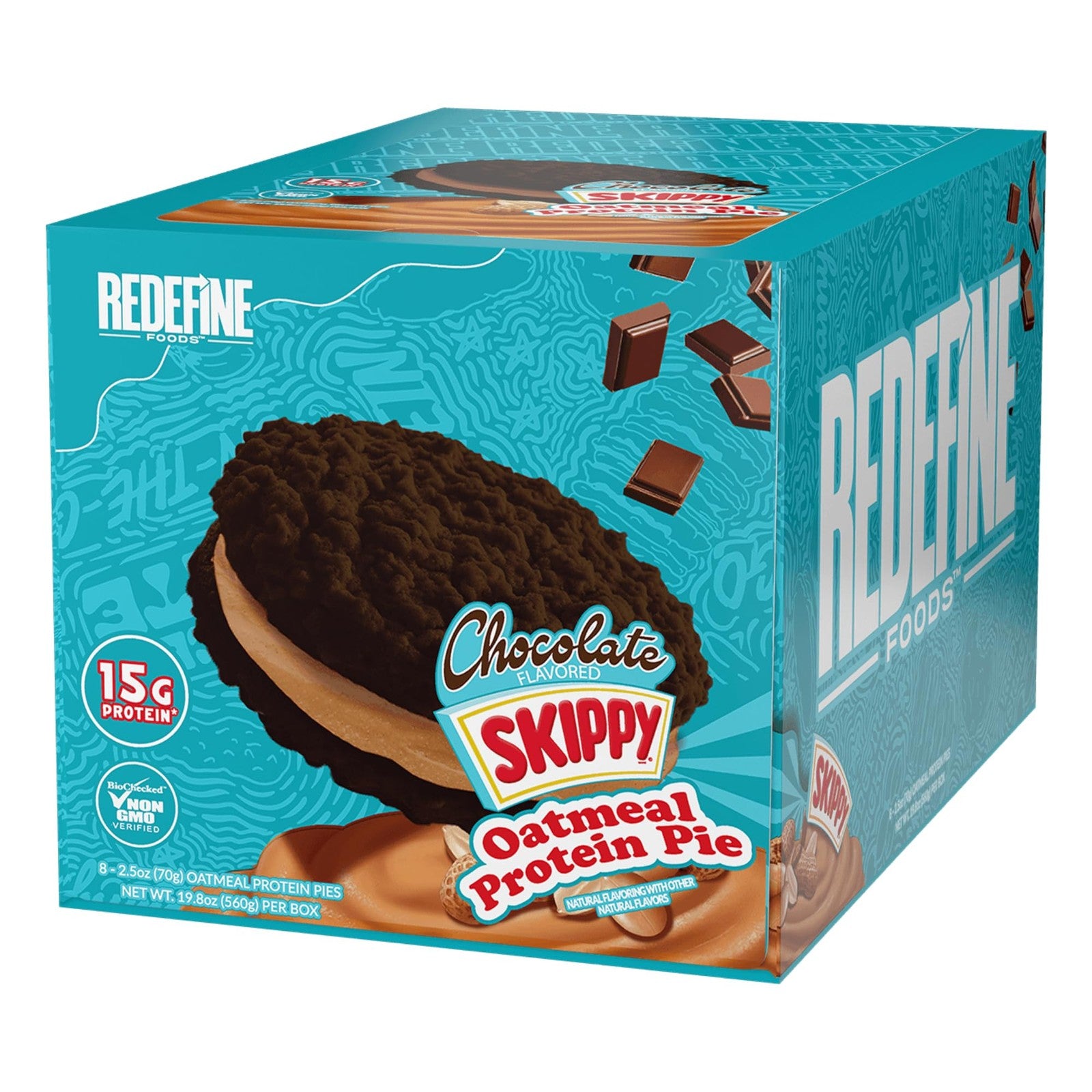 Redefine Foods Skippy Chocolate Oatmeal Protein Pie box with 8 individual pies, each containing 15g of protein, on a white background.