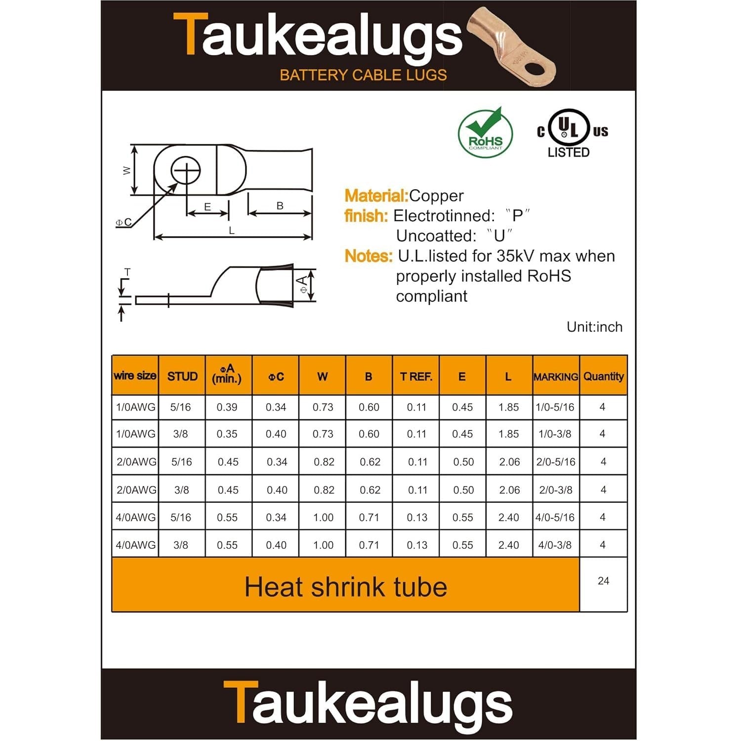 48-piece set of copper crimp battery terminal connectors and cable ends for AWG 1/0, 2/0, and 4/0 cables by Taukealugs