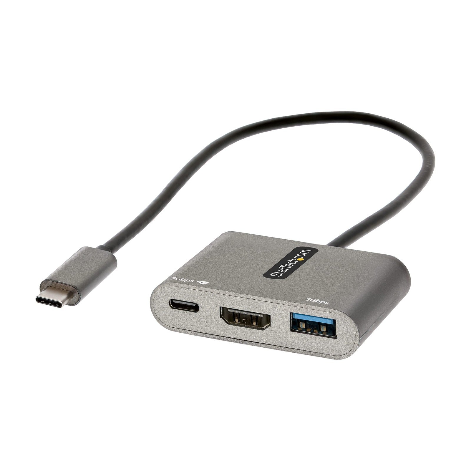 StarTech.com USB C Multiport Adapter with HDMI, USB 3.0, and Ethernet ports connected to a USB-C enabled device.