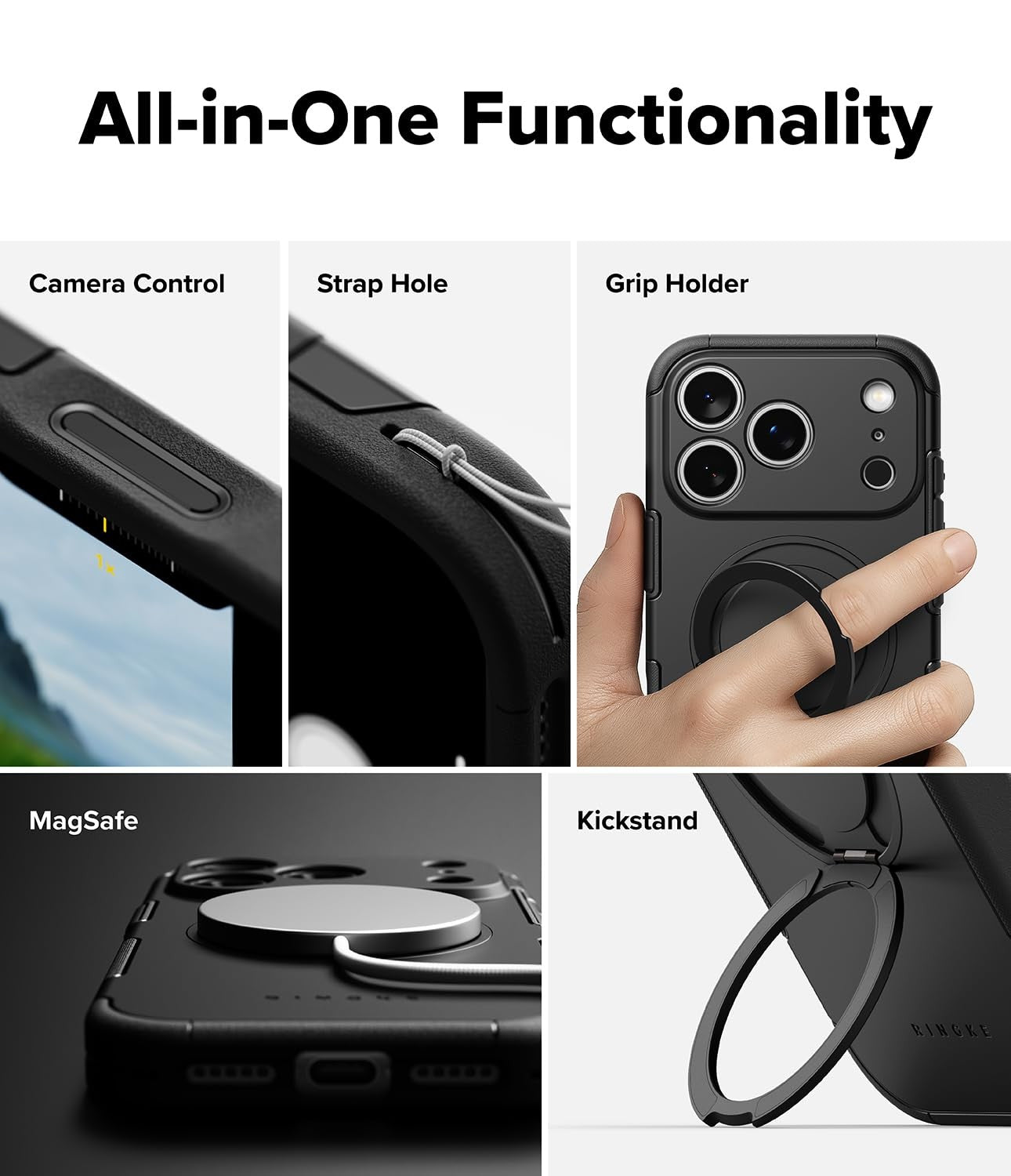 Ringke Alles Pro iPhone 17 Pro Max case with magnet, shockproof design, camera button, and 360° protection in black.