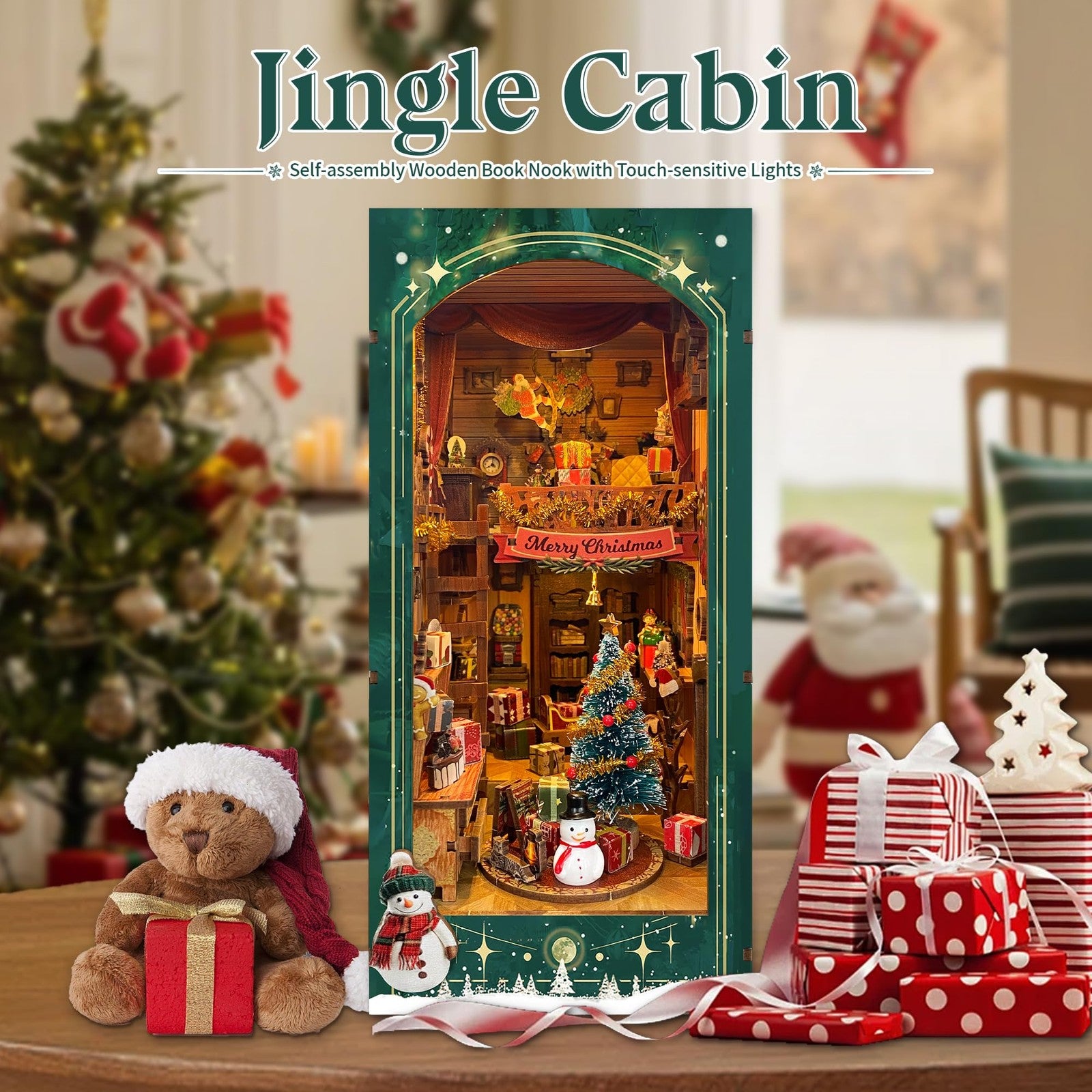 Strucwood Christmas Book Nook Kit with LED light, 3D wooden puzzle scene featuring festive holiday decorations and detailed craftsmanship.