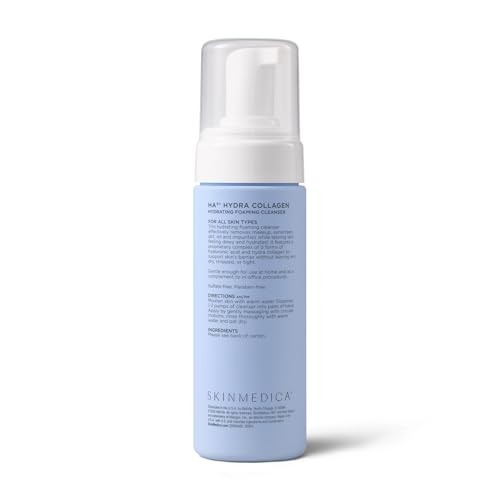 SkinMedica HA5 Hydra Collagen Hydrating Foaming Cleanser with vegan collagen, showing the cleanser's creamy foam and packaging.