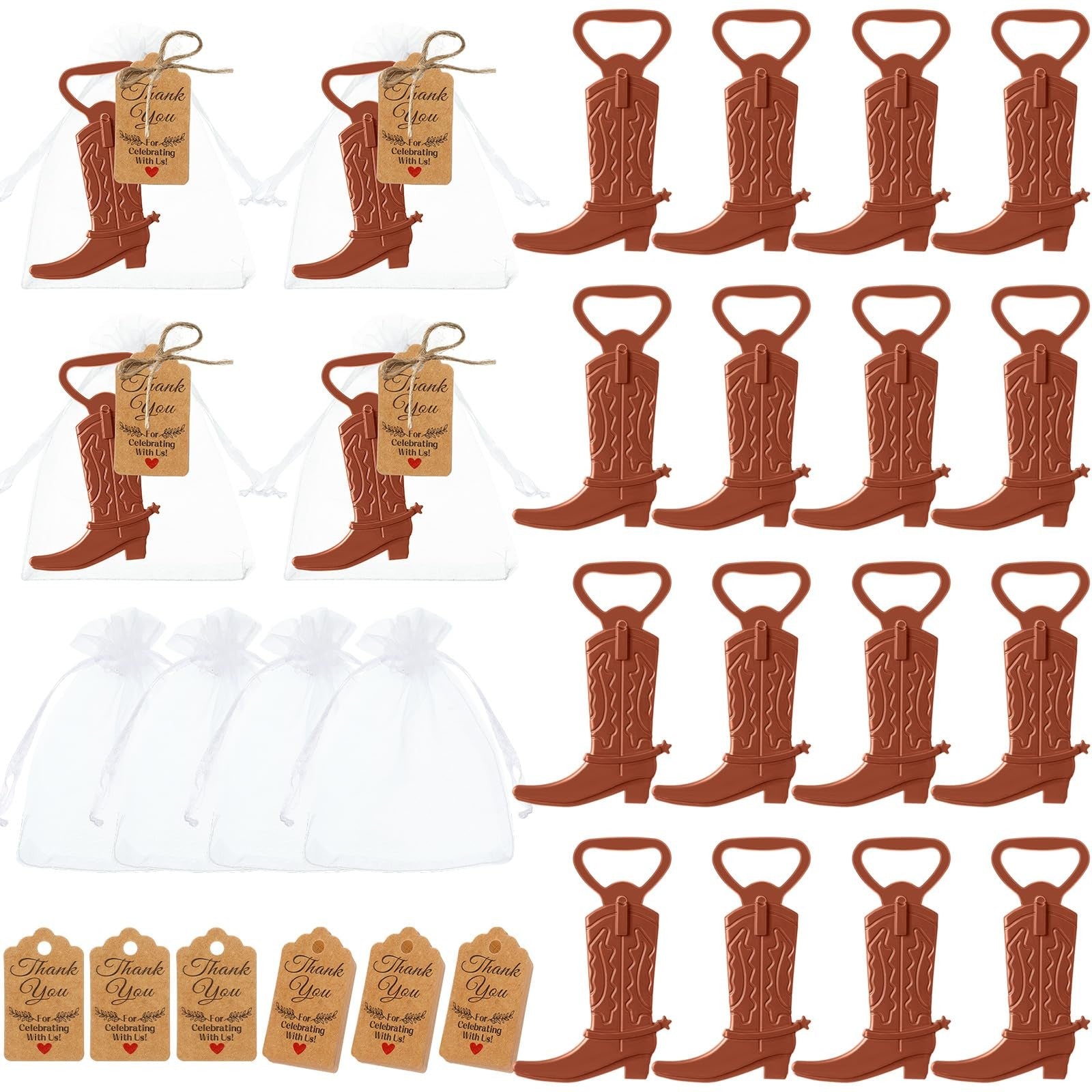 Meanplan cowboy boot bottle opener set featuring 10 pieces with cowgirl and western designs for weddings and parties