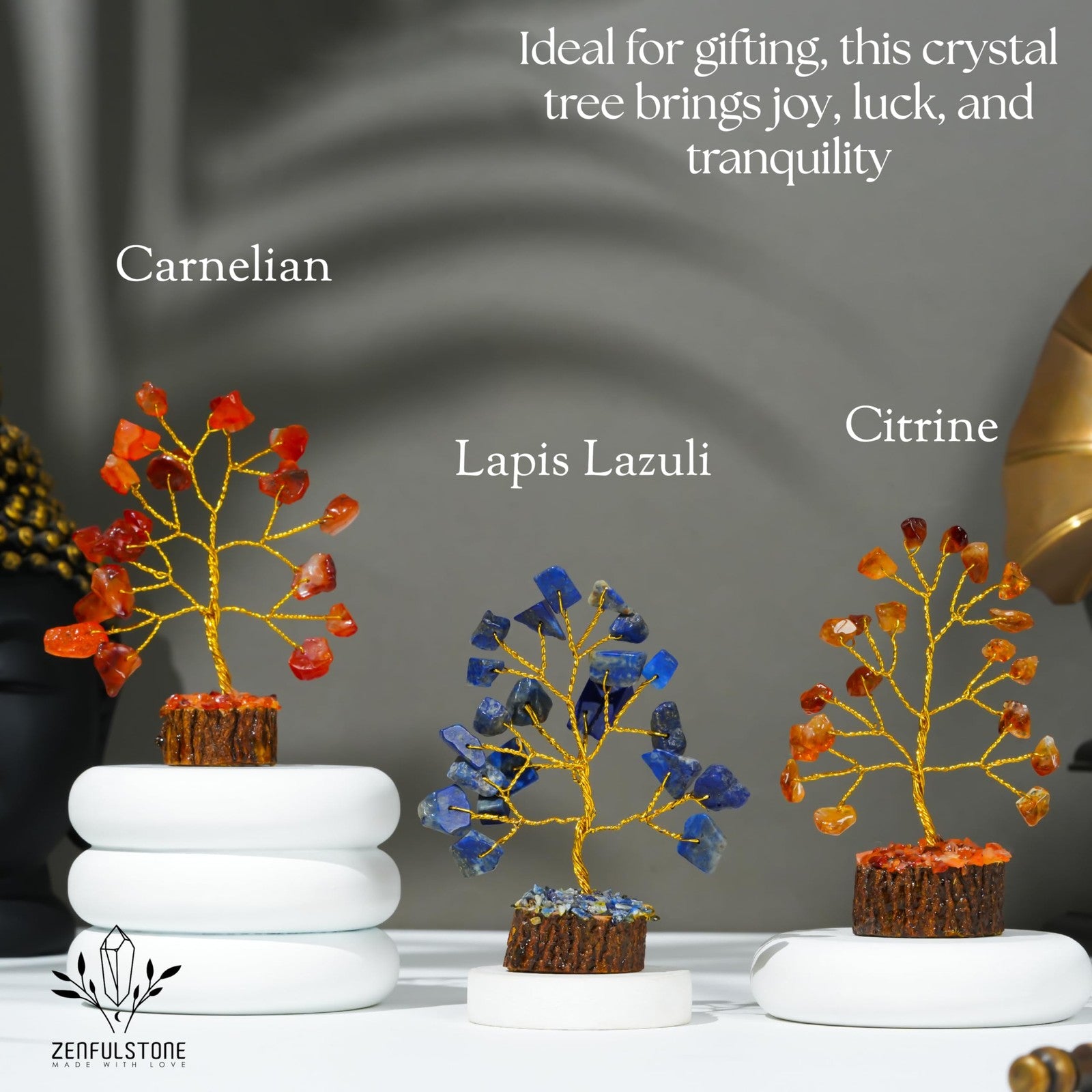 Set of 12 handcrafted crystal Tree of Life chakra gifts for women by ZENFULSTONE, featuring small decorative crystal trees.