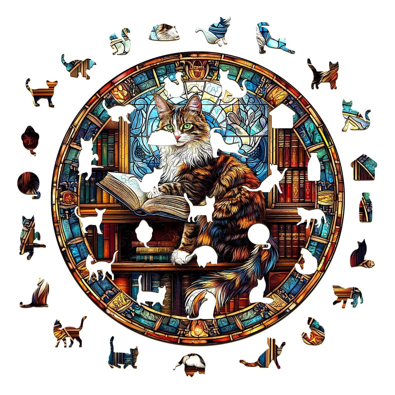 Jollitot wooden puzzle for adults featuring Maine cat library design, 200-piece wooden jigsaw puzzle with detailed illustrations.