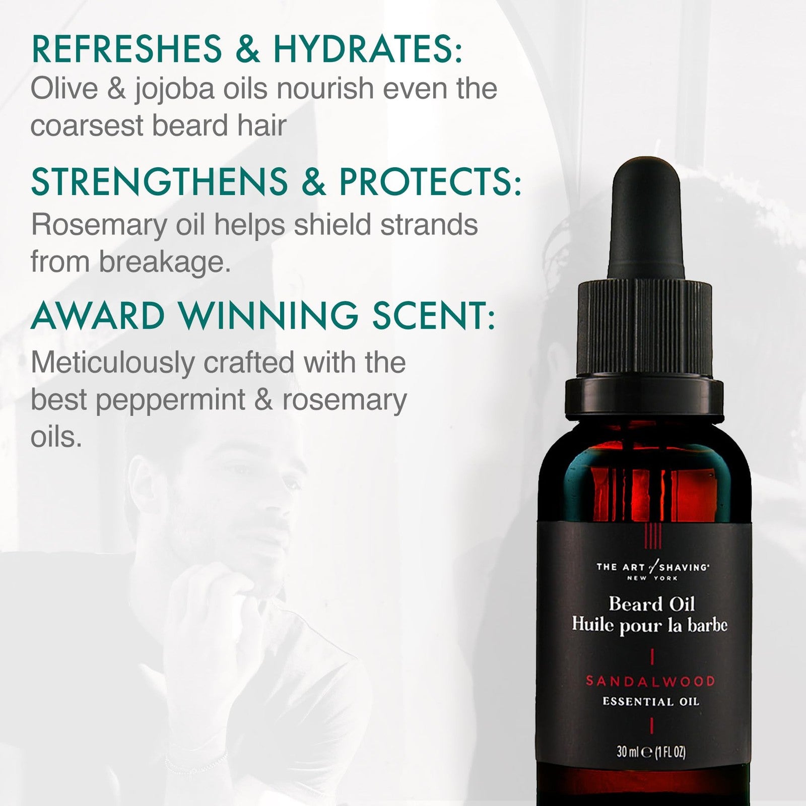 The Art of Shaving Beard Oil in sandalwood scent, 1 oz bottle, showing the oil and branding for moisturizing and taming facial hair.