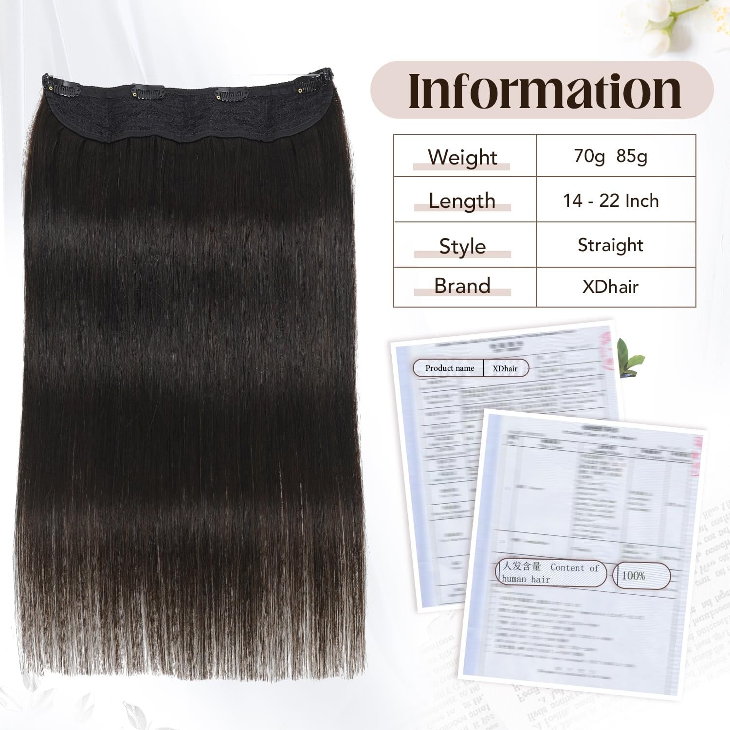XDhair invisible wire hair extensions in natural black, 70g of real human hair, shown with the lightweight wire attachment.