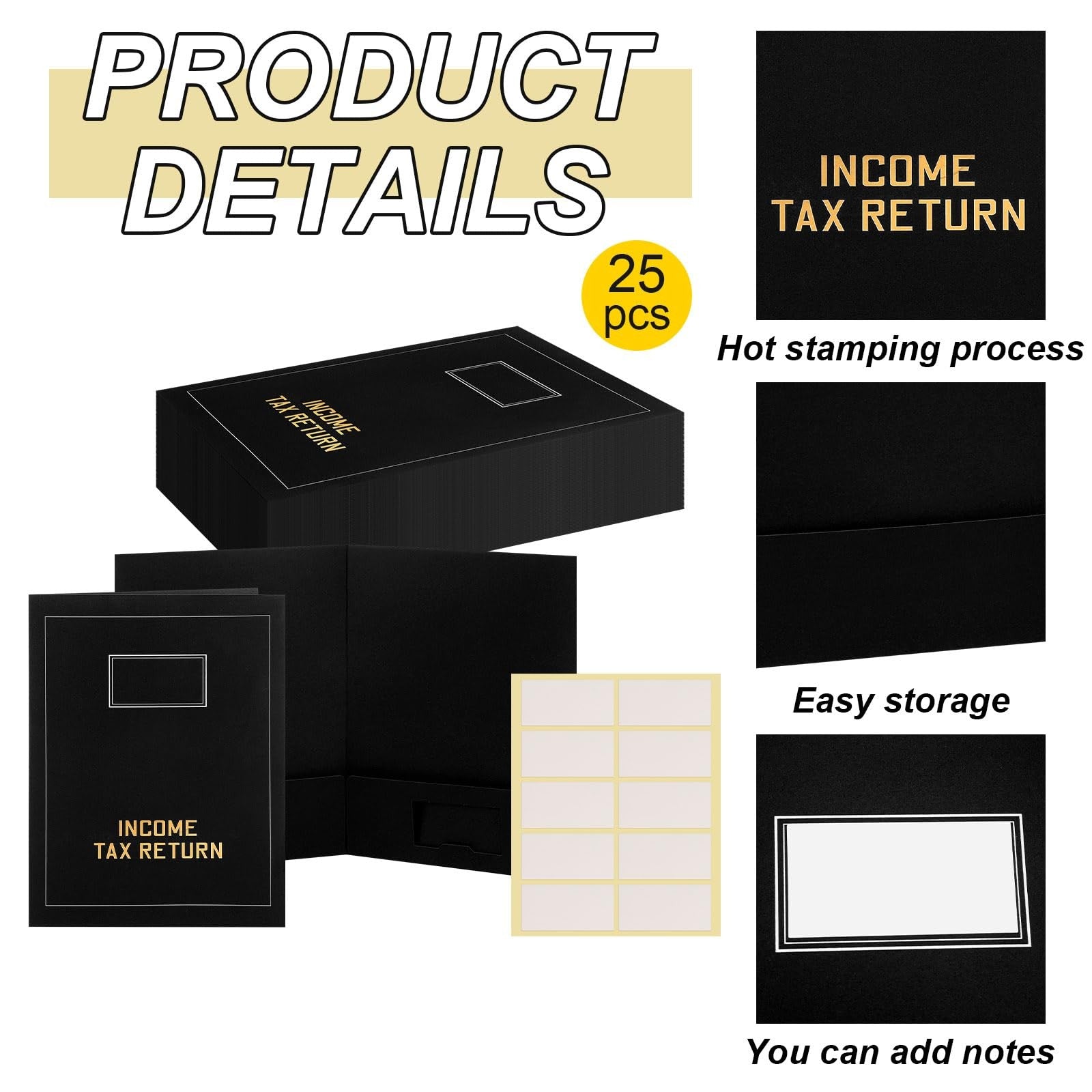 Kisston 25-pack of gold foil stamped tax return folders with 2 pockets, ideal for organizing income tax documents.
