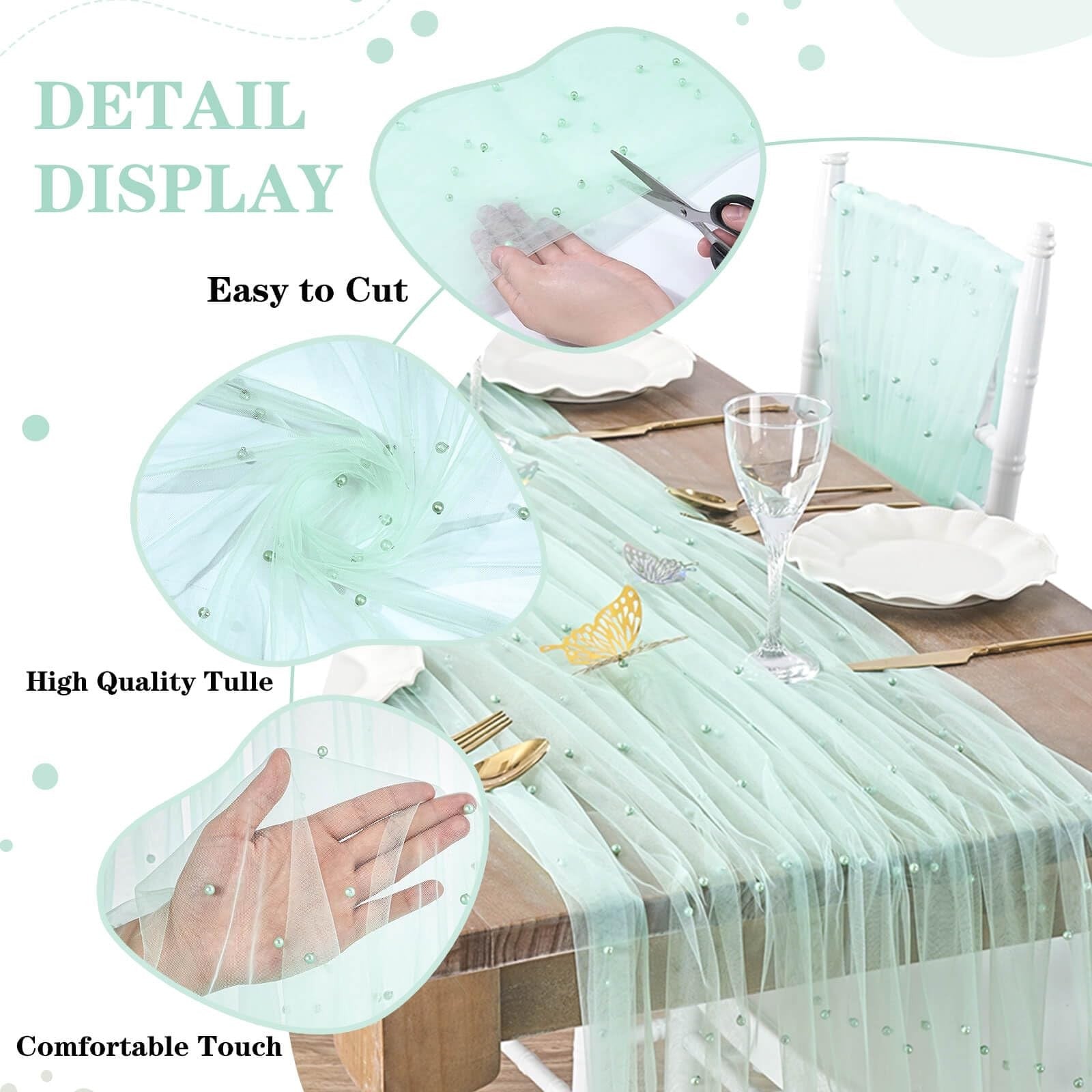 Light green pearl tulle fabric by B-COOL, 10 yards of sheer mesh for sewing and DIY craft projects.