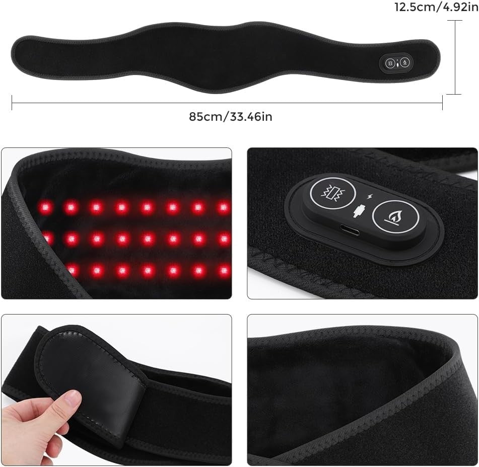 WoloyHeatie cordless neck heating pad with red light therapy, featuring adjustable straps and soft fabric for pain relief.