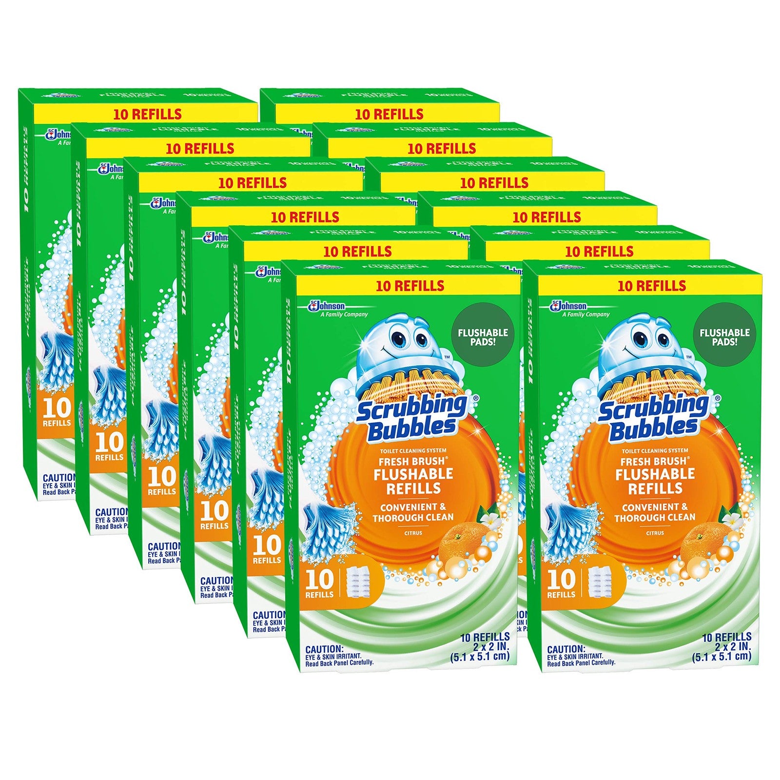Scrubbing Bubbles Fresh Brush flushable refill pack with citrus scent, 10 count, showing the packaging and individual refills.