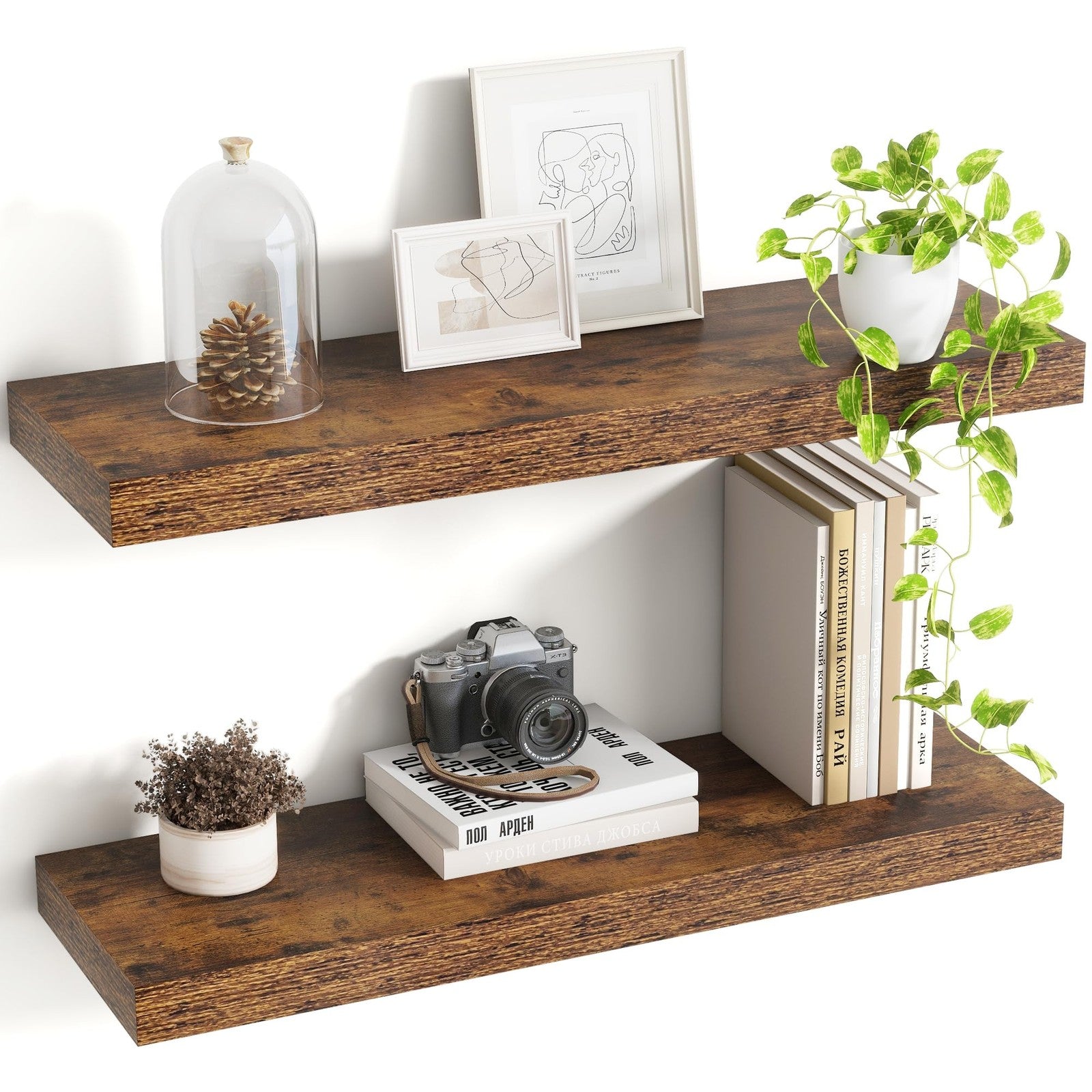 Acovy 24-inch floating shelves with 8-inch depth mounted on wall, showcasing modern wooden wall storage and display space.