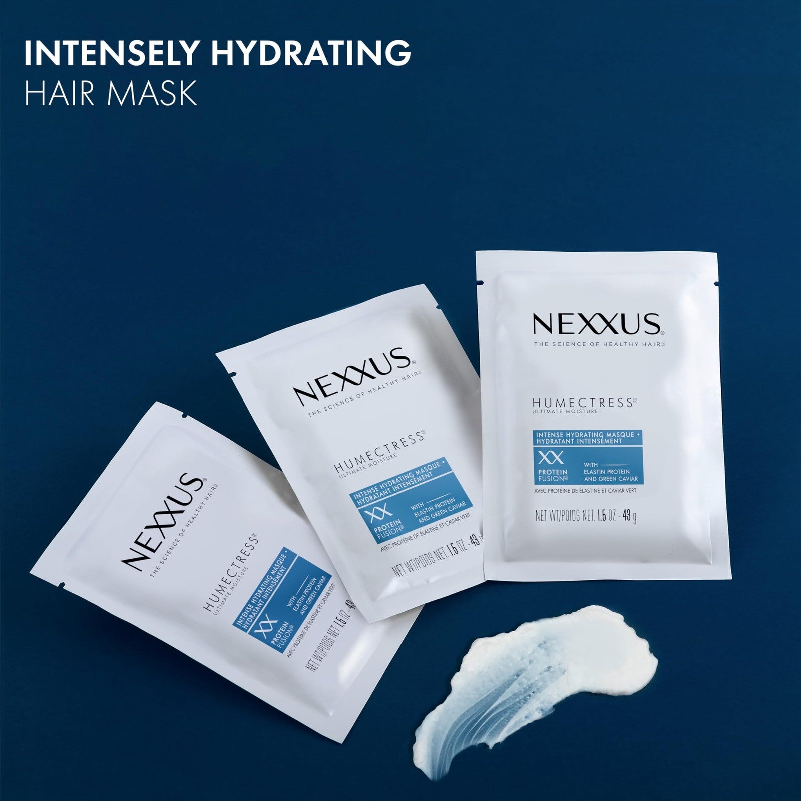Nexxus Humectress Moisturizing Hair Masque containers, 10 individual 1.5oz deep conditioning hair treatments on a white background.