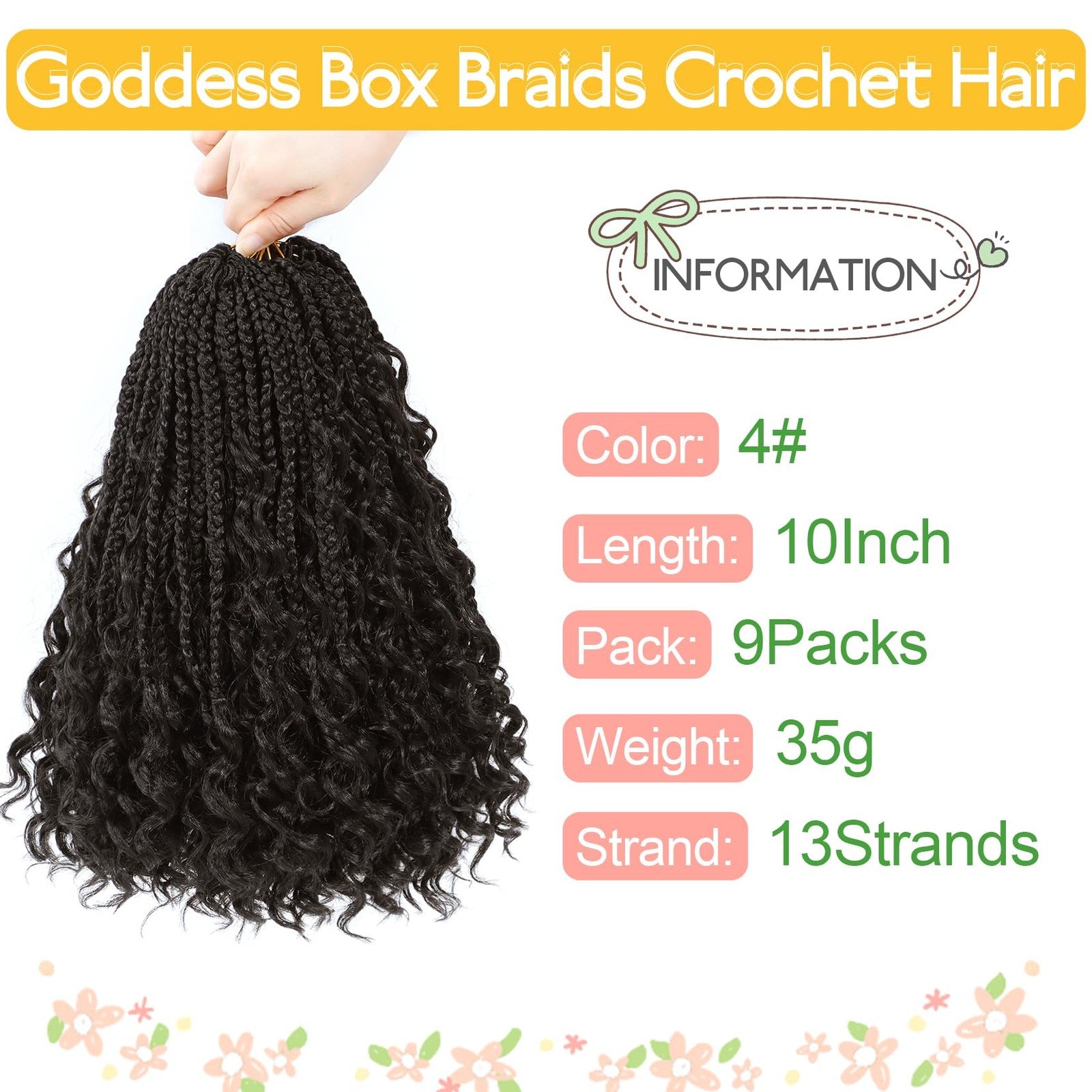 Fulcrum Goddess Box Braids Crochet Hair in 10 inch length, 9 packs of boho-style box braid crochet hair for natural protective hairstyles.
