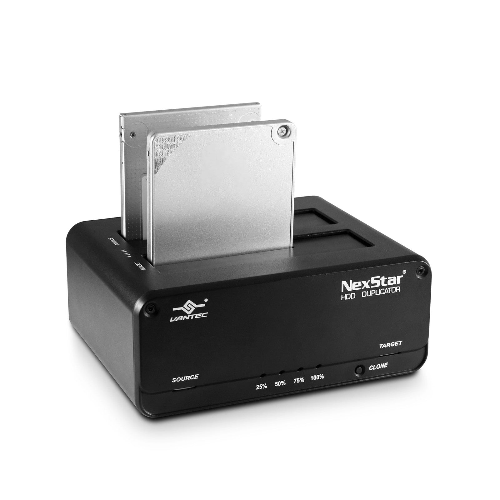 Vantec NexStar JX dual bay USB 3.2 Gen1 dock for SATA III drives with clone function, showing front view with drive bays