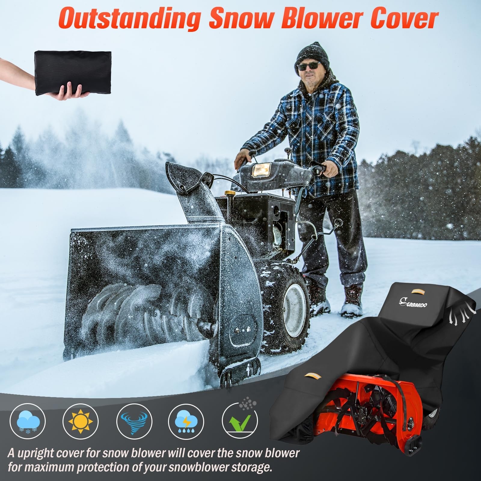 GRABADO heavy-duty 840D snow blower cover, waterproof outdoor snow blower protection with secure fit and durable material.