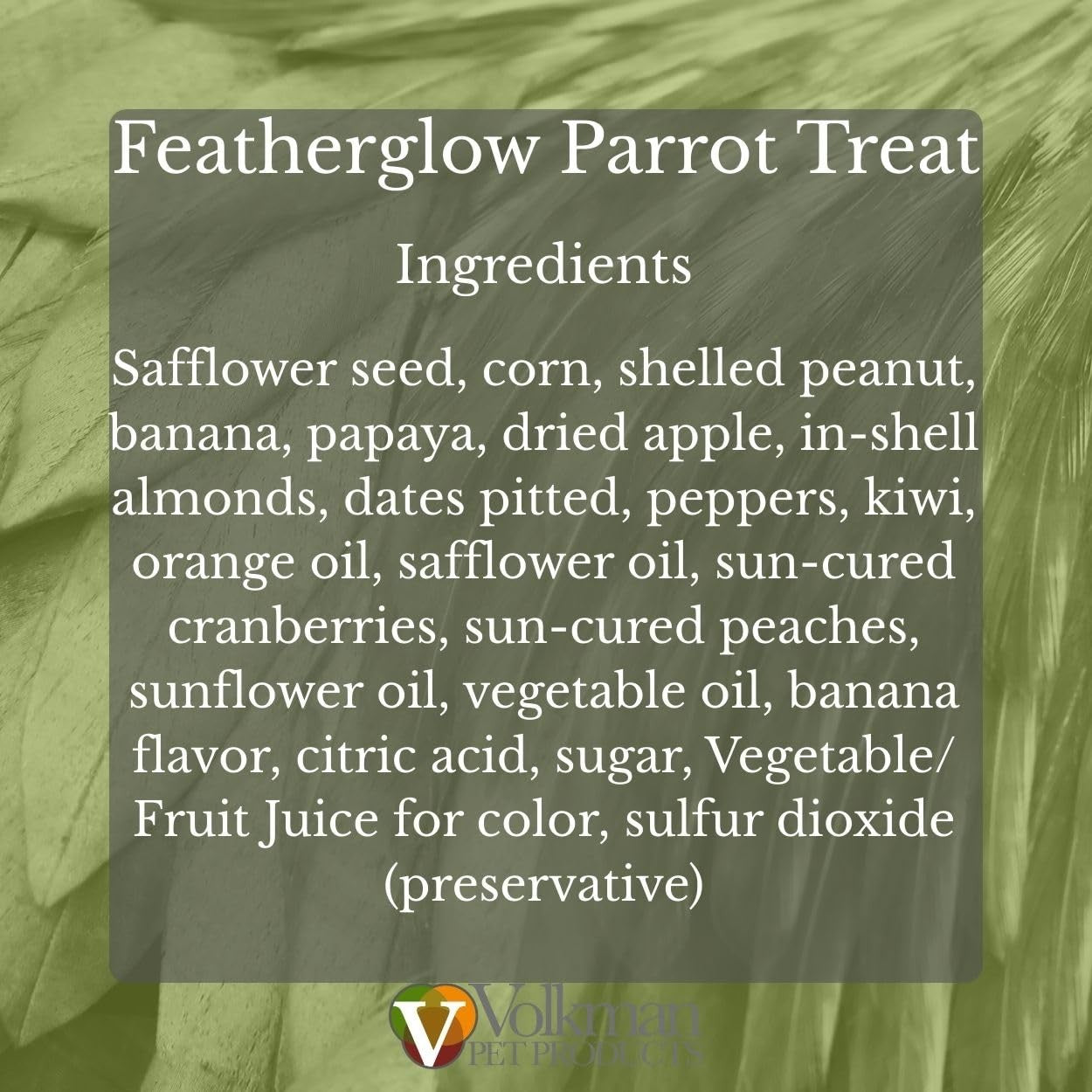 Volkman Seed Featherglow Parrot Treat 4lb showing a colorful mix of seeds in a clear bag for parrots and small birds.
