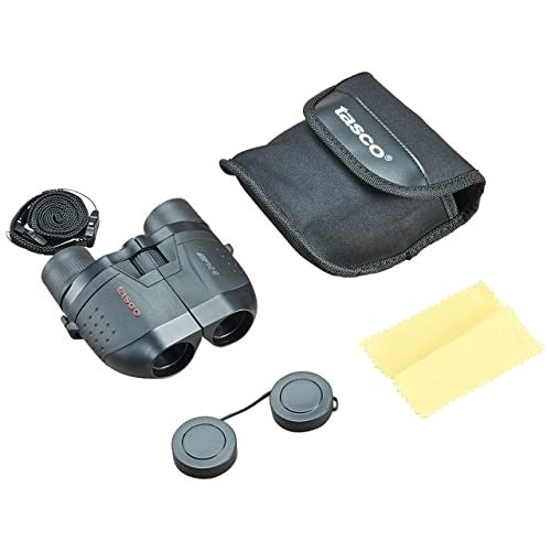 TASCO Essentials 8-24x25 binoculars with compact black design and adjustable zoom for birdwatching and outdoor viewing.
