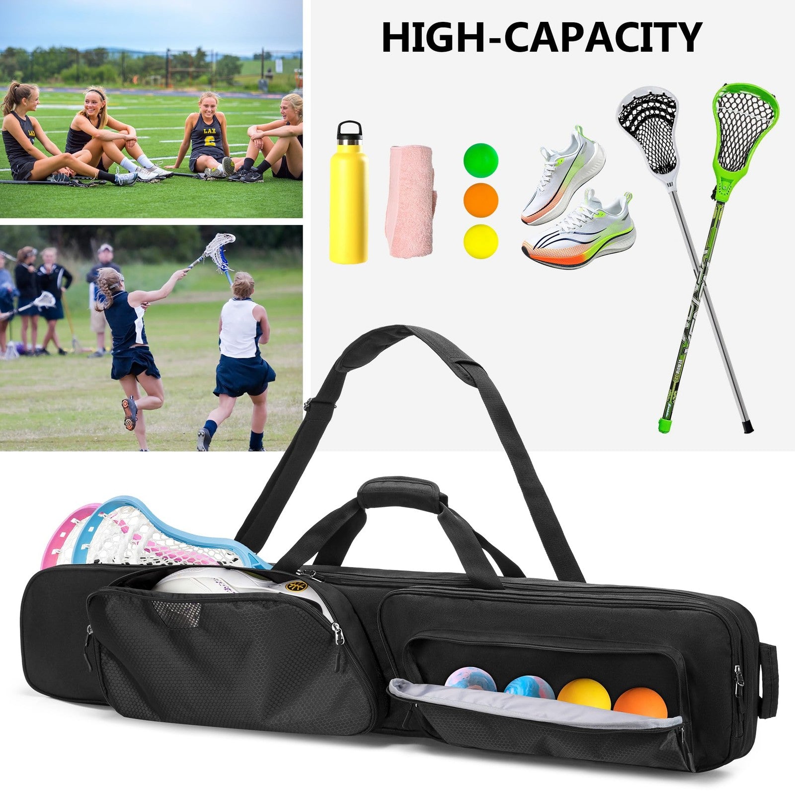 DSLEAF padded lacrosse stick bag with compartments, holds 2 sticks and gear, includes separate shoe section for easy organization.
