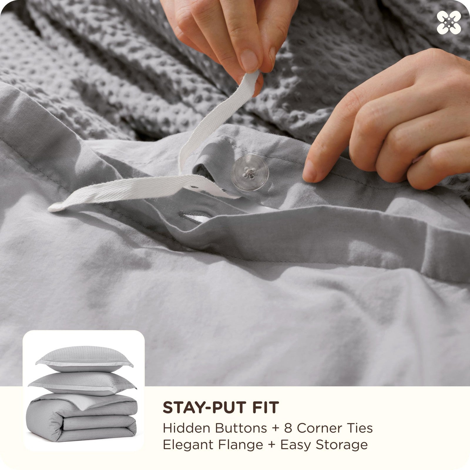 Bedsure queen-sized cotton duvet cover with grey waffle weave design, soft and breathable 100% cotton bedding for a cozy bedroom look.