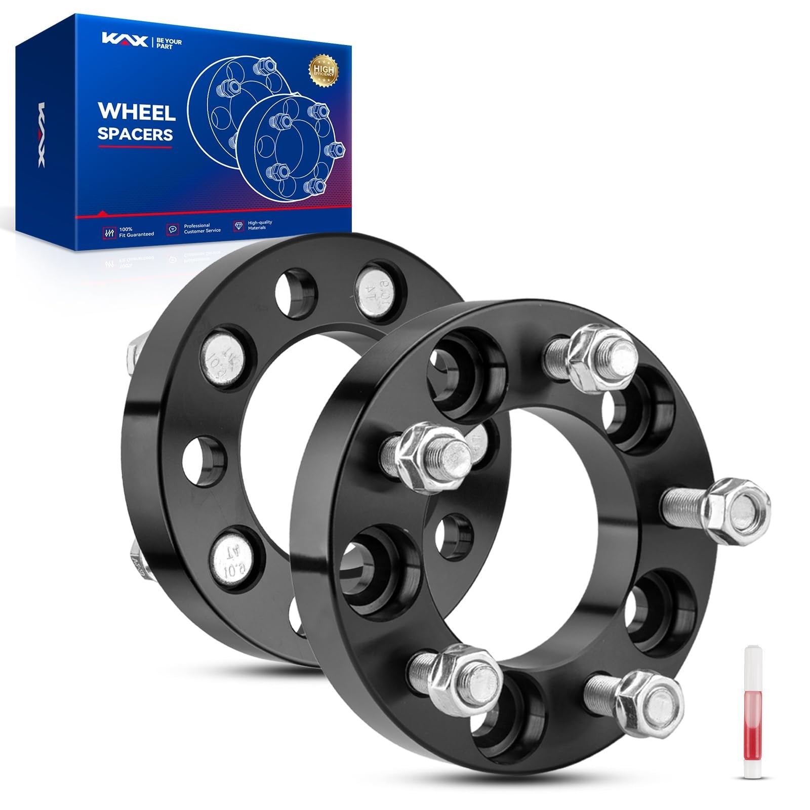 KAX 5x4.5 inch wheel spacers, 1 inch thick for Explorer and Edge, 5-lug centric spacers with 82mm bolt pattern, shown on vehicle wheel