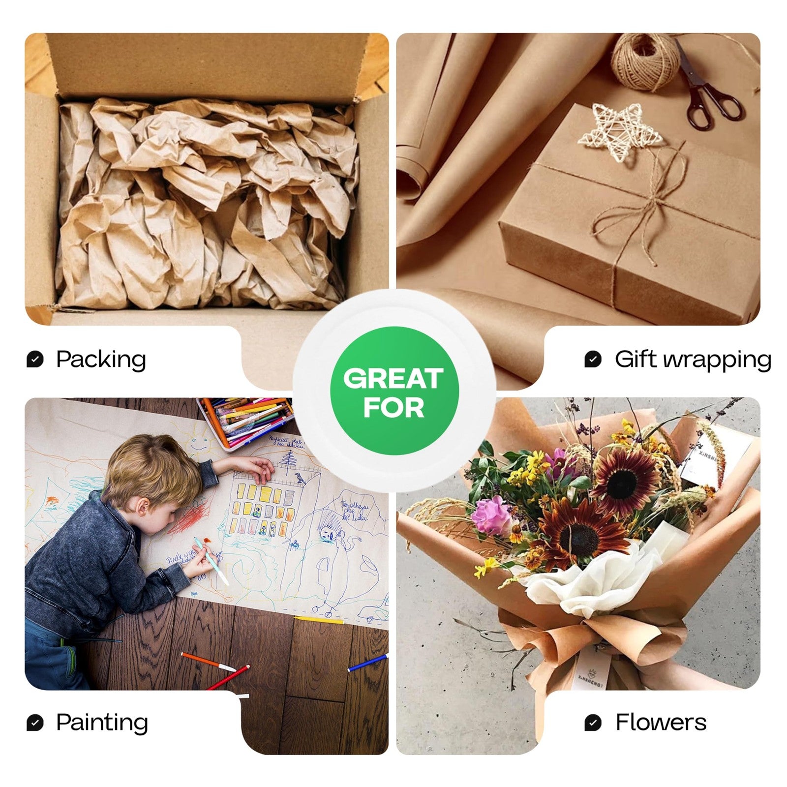 IDL Packaging 4-pack brown kraft paper rolls, 9x2160 inches, ideal for gift wrapping and kids craft projects with kraft paper.