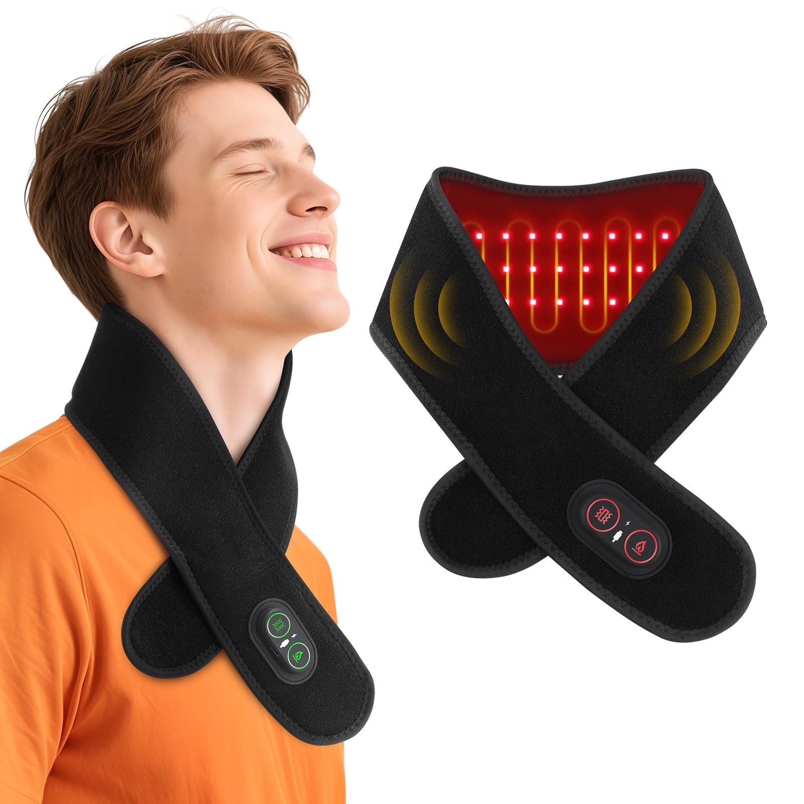 WoloyHeatie cordless neck heating pad with red light therapy, designed for pain relief and neck massage, shown on a model.
