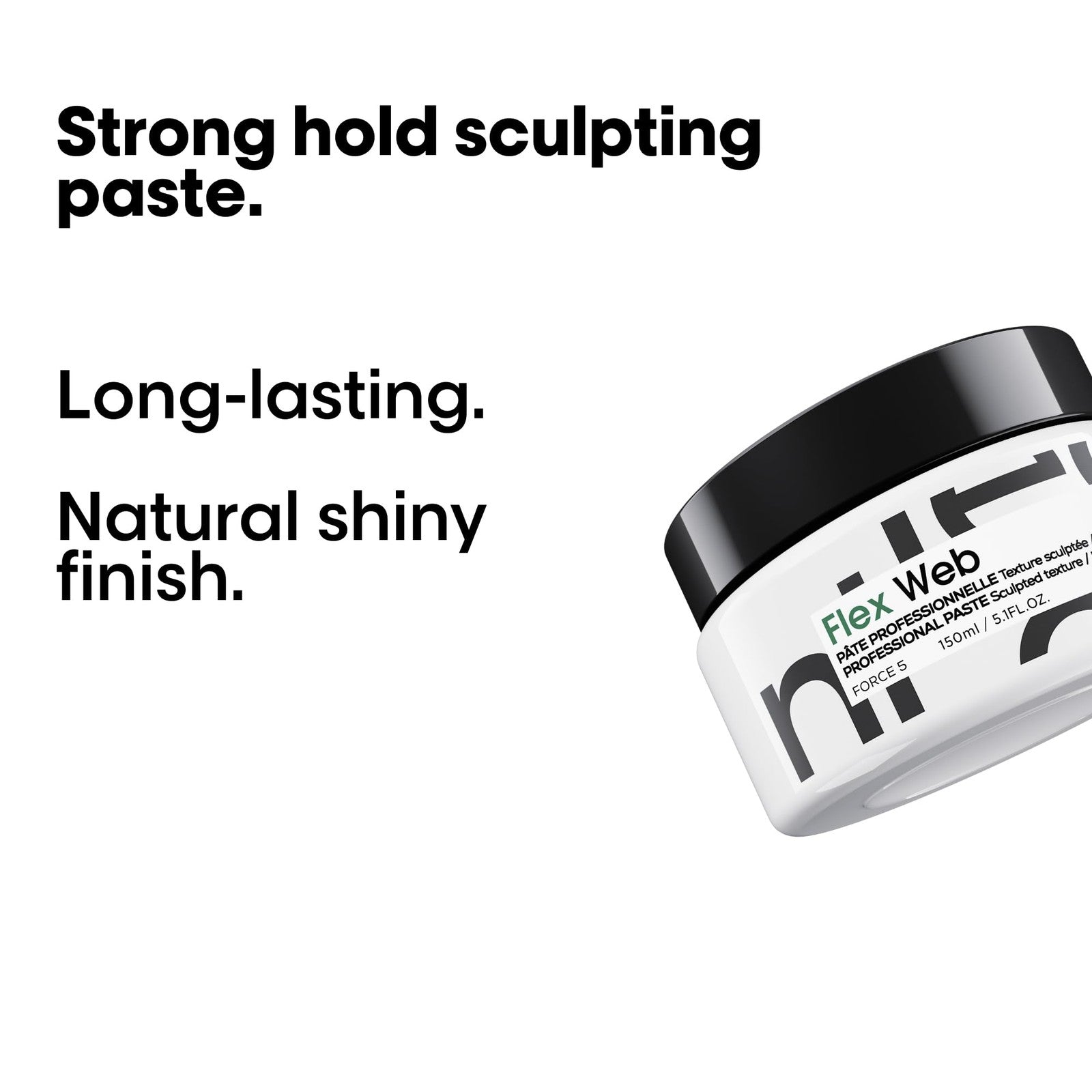 L'Oréal Professionnel Paris Flex Web Texture Paste jar with black lid and label, showcasing the strong hold pomade for hair styling.