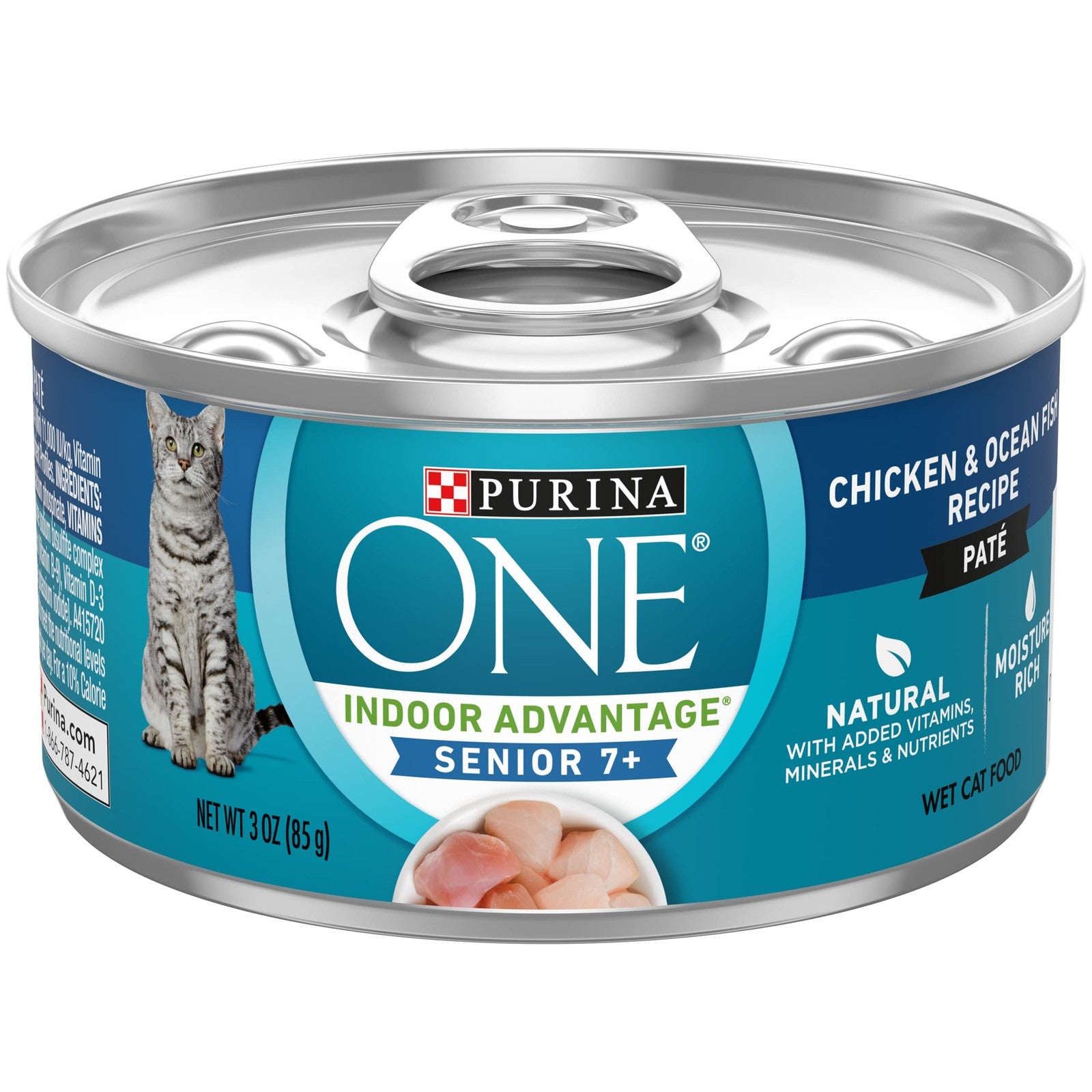Canned Purina ONE Grain Free Senior Pate Cat Food for mature cats, featuring a vibrant, natural recipe in a metal can.