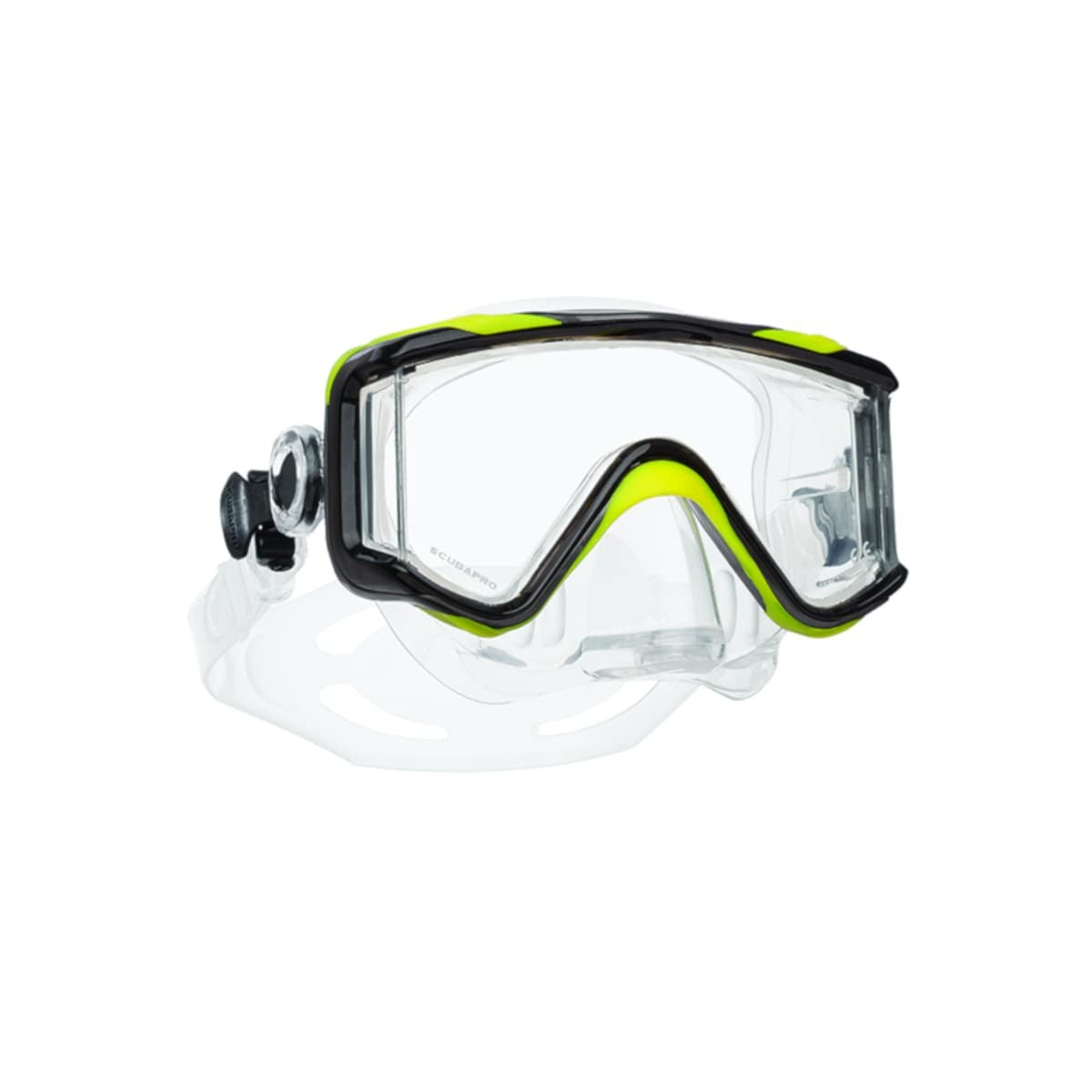 SCUBAPRO Crystal Vu Plus scuba mask with purge valve and ultra-clear tri-lens, featuring a sleek black frame and adjustable strap.