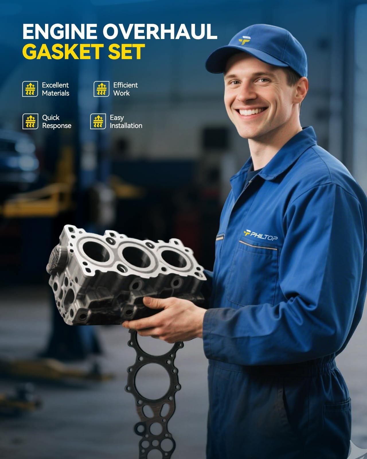 PHILTOP HS26516PT1 head gasket set for Chevy Cruze, Encore, Sonic, Trax 1.4T engine, showing gasket components laid out.