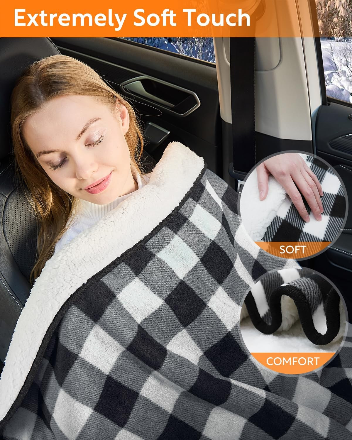 Sino Salected heated car blanket plugged into a 12-volt car outlet, portable electric blanket for warmth during travel.