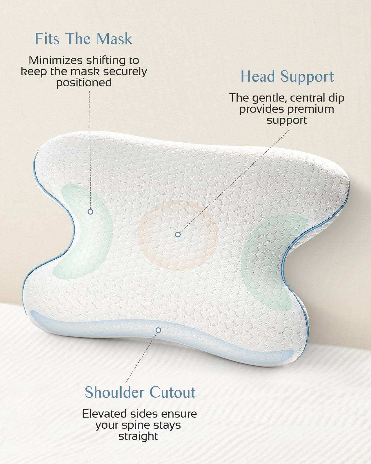 Unbranded Joynox CPAP bed pillow for side and back sleepers, featuring cervical support and packable design for comfortable sleep.