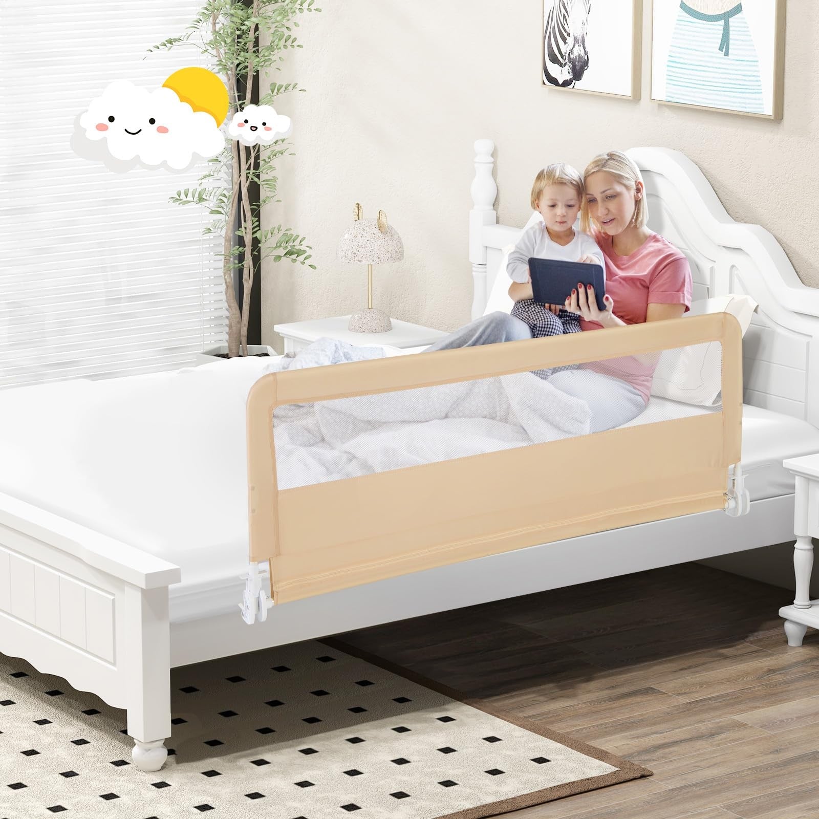 BABY JOY toddler bed rails, 59-inch long swing-down bed guard with safety features, designed to prevent falls for young children.