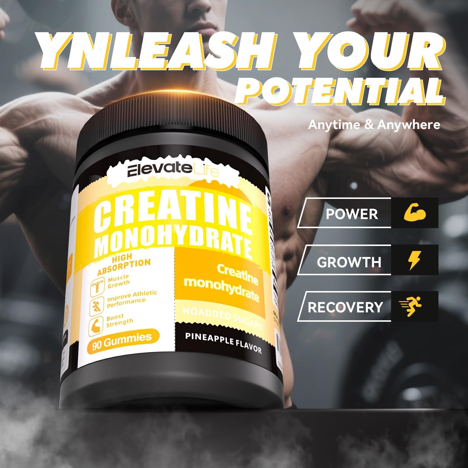 ElevateLife Creatine Monohydrate Gummies 5000mg chewables for men and women, showing a jar of orange-flavored supplement gummies.