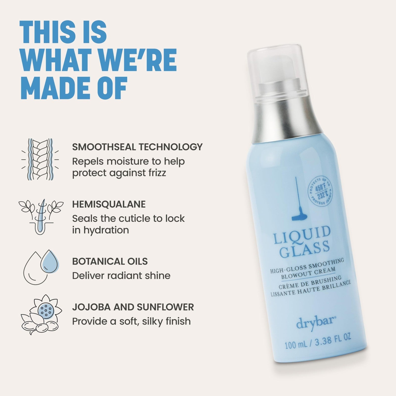 Drybar Liquid Glass high-gloss smoothing blowout cream applied to hair, reducing frizz and providing a sleek, shiny finish.