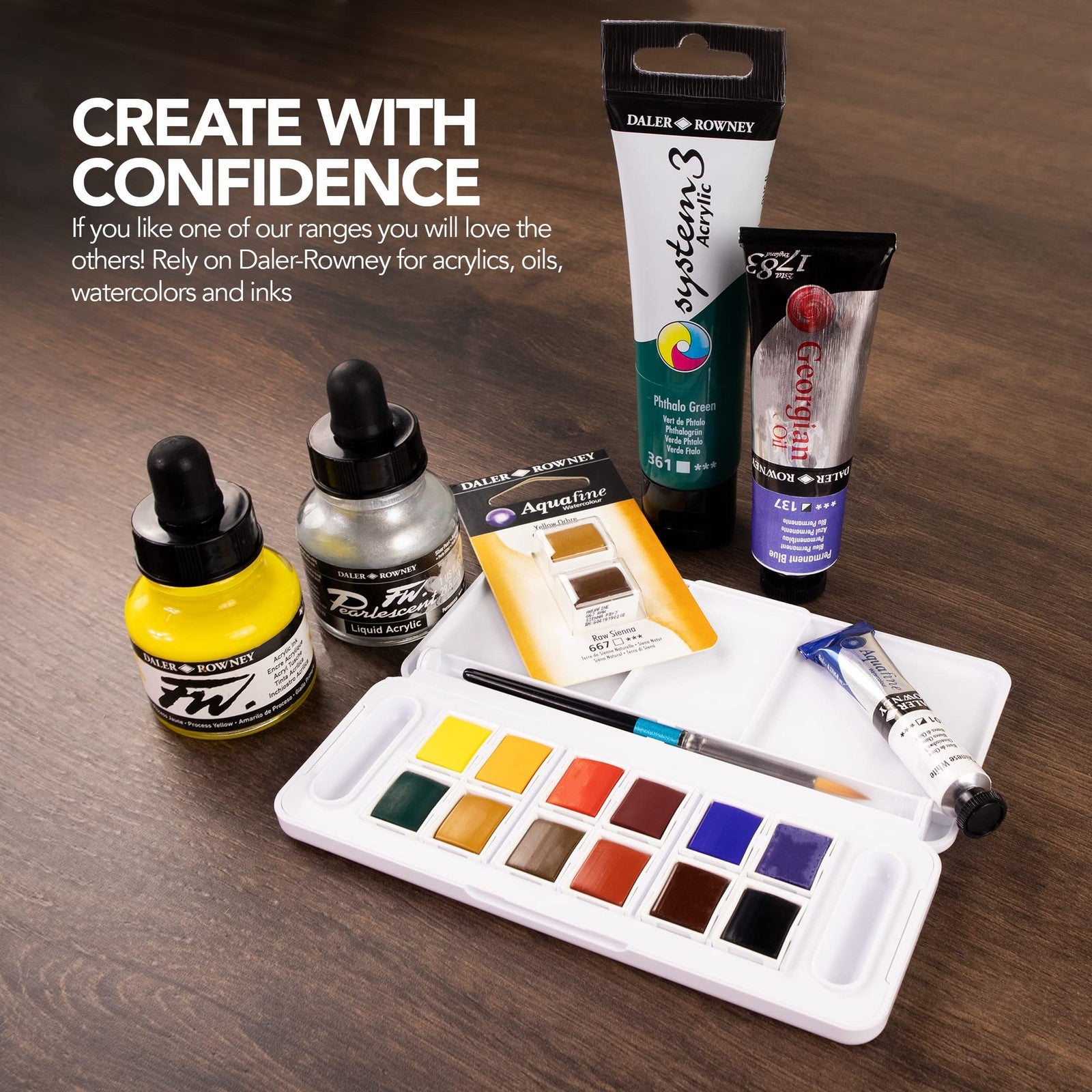 Daler-Rowney FW Acrylic Ink bottle in white, versatile acrylic drawing ink for artists, with a clear label and white ink inside.