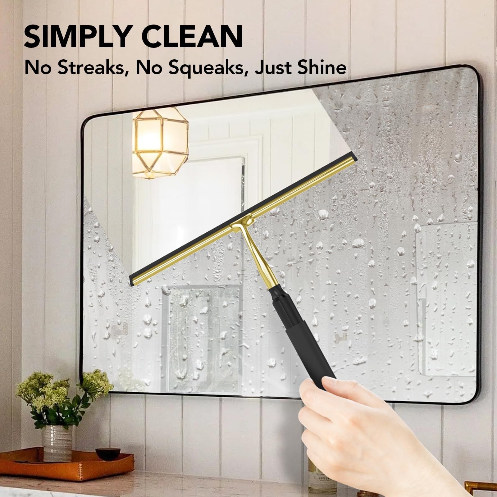 Rakovar shower squeegee with long telescopic handle extended for window and shower door cleaning, featuring a flexible rubber blade.