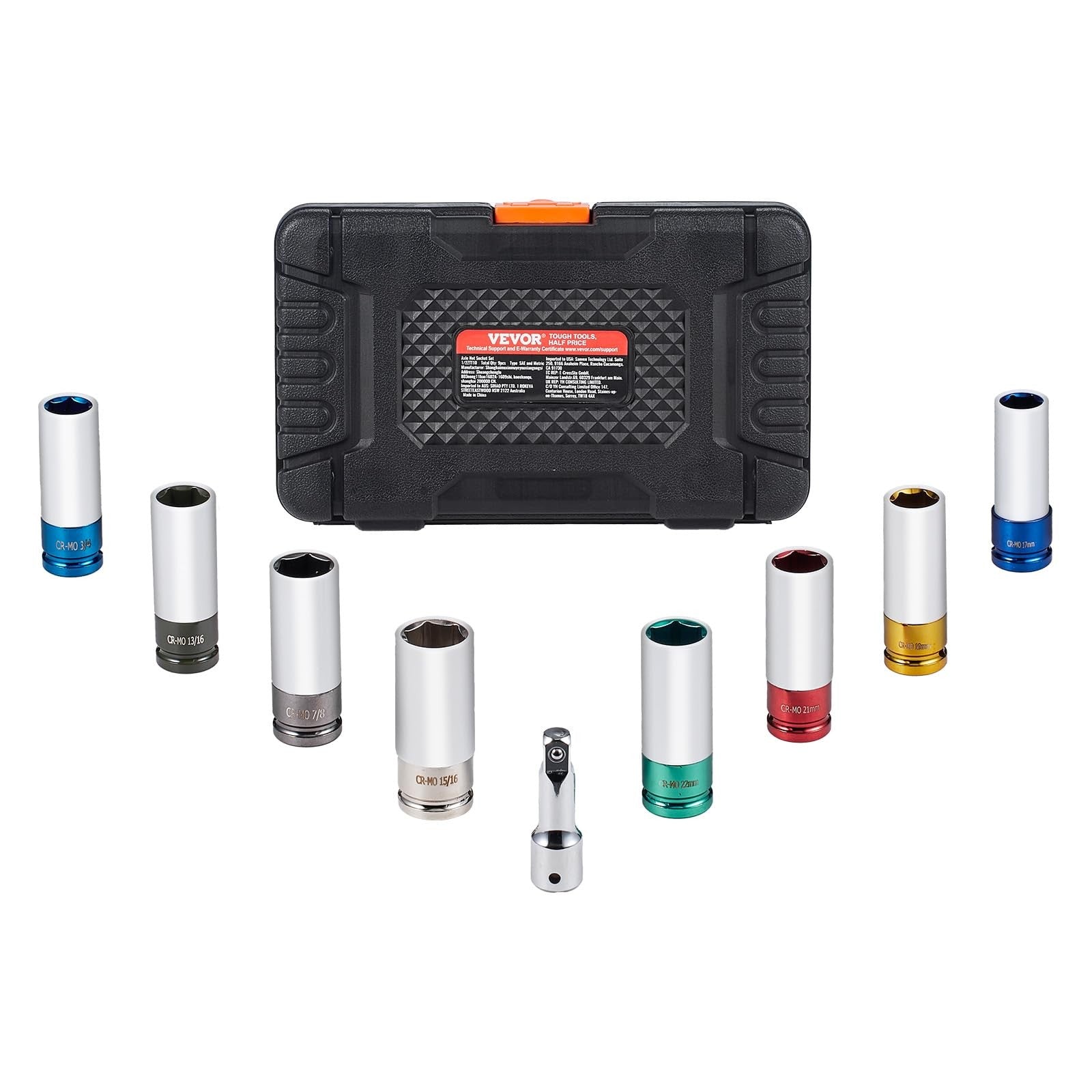 VEVOR 9-piece 1/2 inch drive impact socket set with metric and SAE 6-point lug nut sockets arranged on a black background.