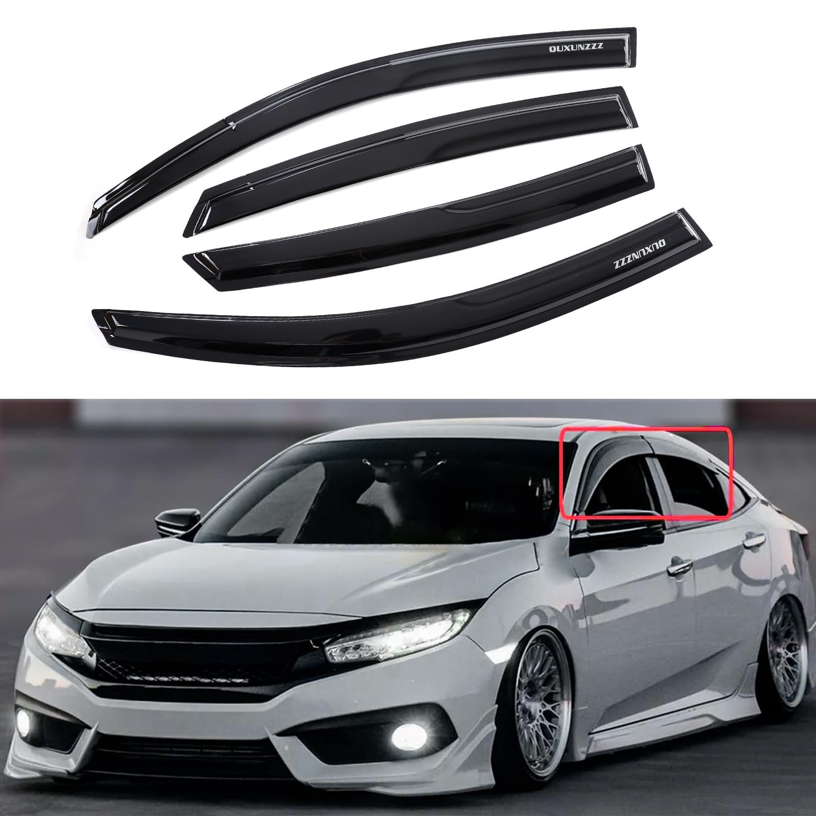Quxunzzz rain guards side window visors for Honda Civic 4-door, outside mount, 4-piece set, weather-resistant car window deflectors