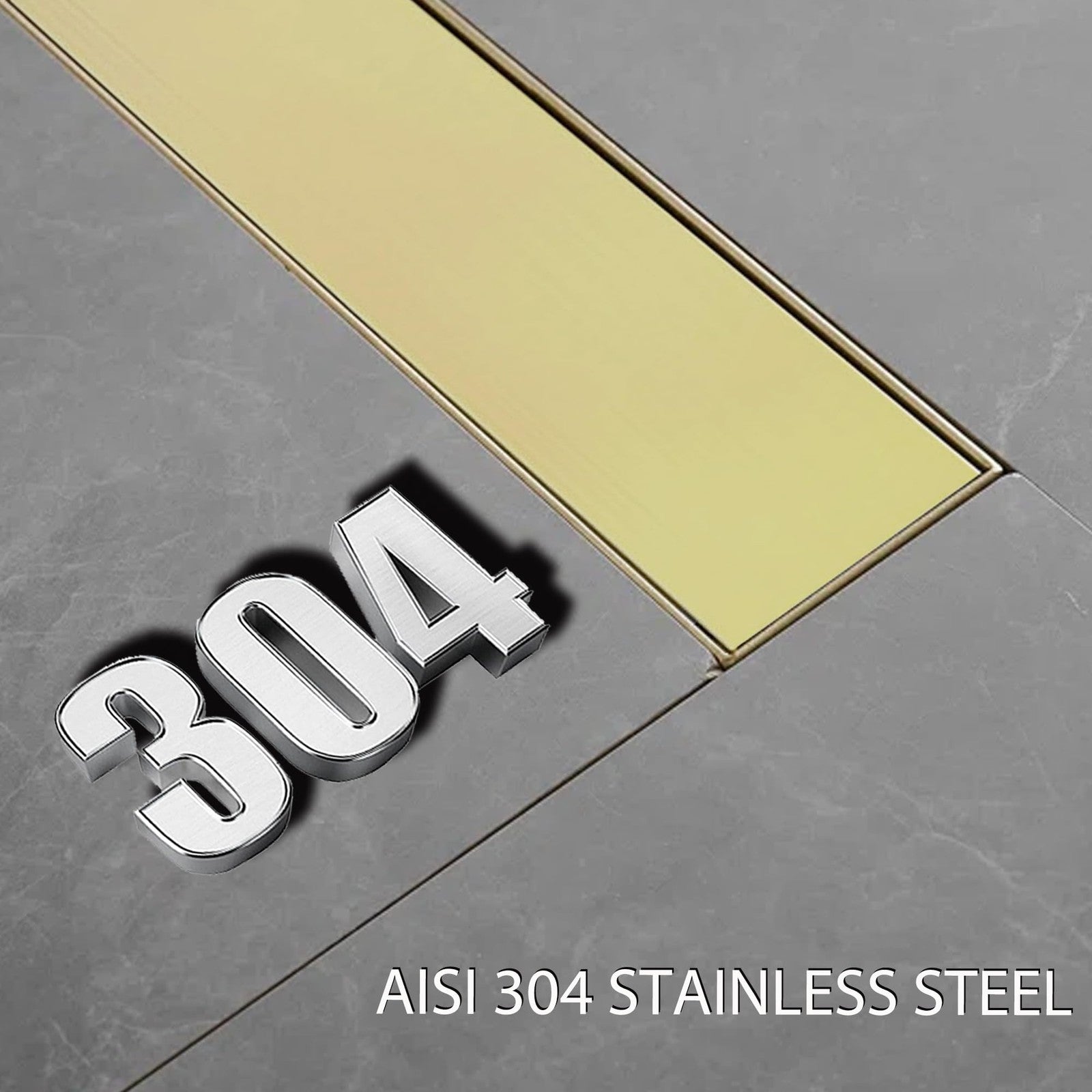 24-inch AISI 304 stainless steel linear shower drain with removable golden floor grate, designed for modern bathroom flooring.