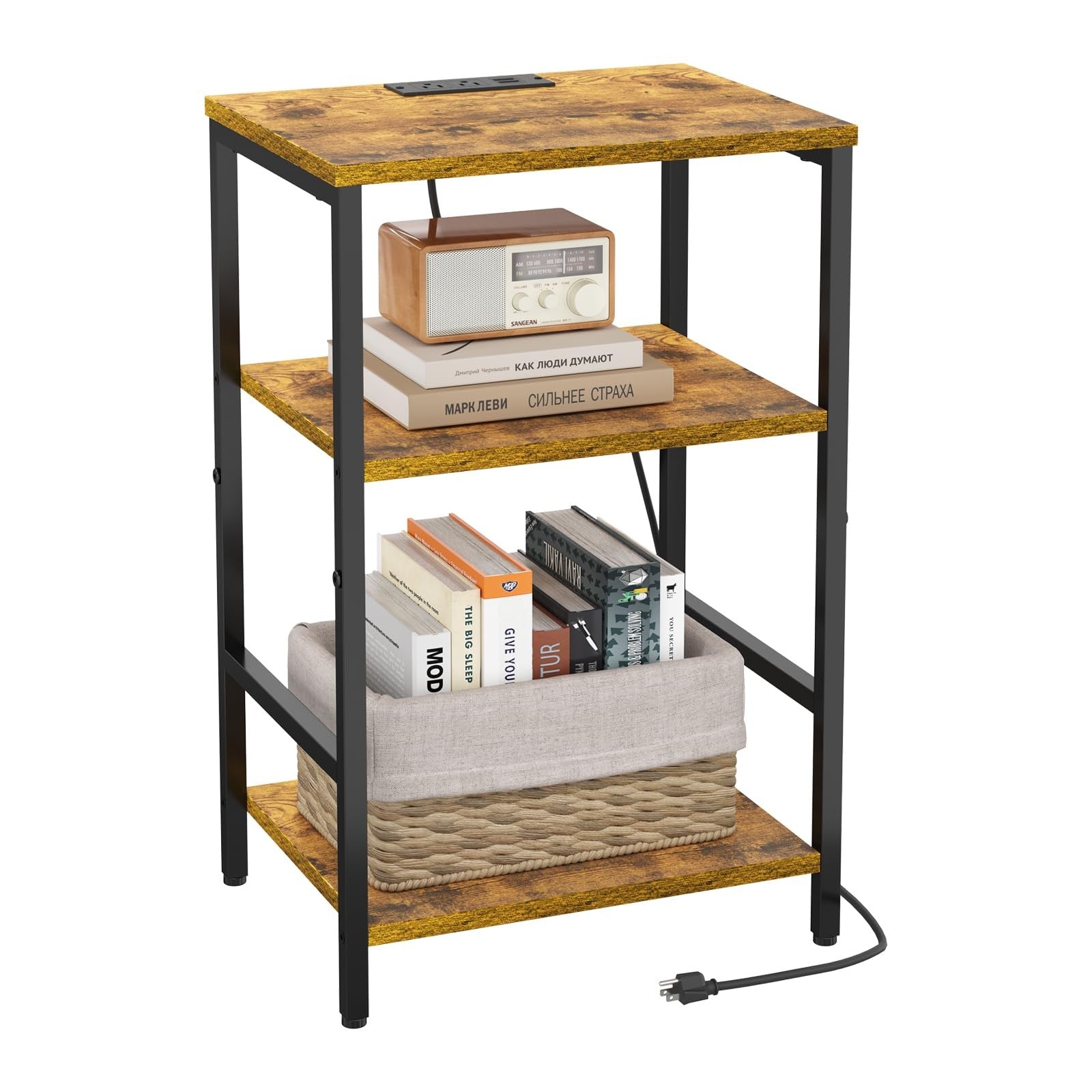 X-cosrack side table with built-in charging station, USB ports, and outlets, featuring a modern design with a wooden finish.