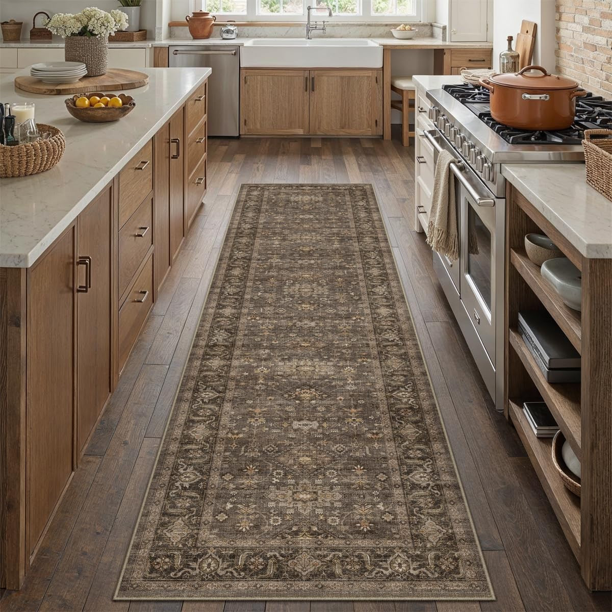 WondRg vintage brown 2x12 washable runner rug with non-slip backing, ideal for hallway or kitchen flooring.