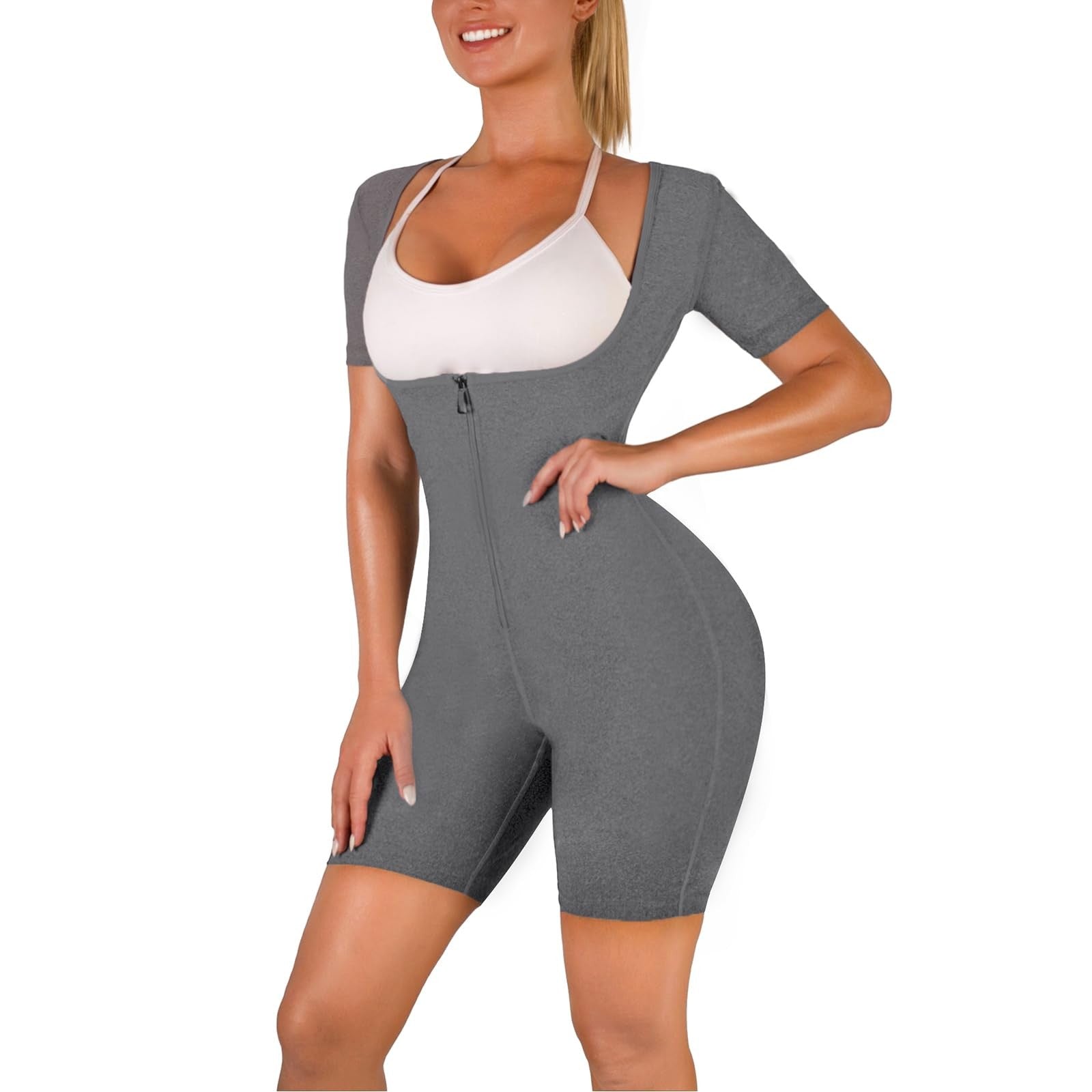 CEIUEO women sauna suit waist trainer and sweat jumpsuit, full-body fitness trainer with adjustable straps and zipper closure.