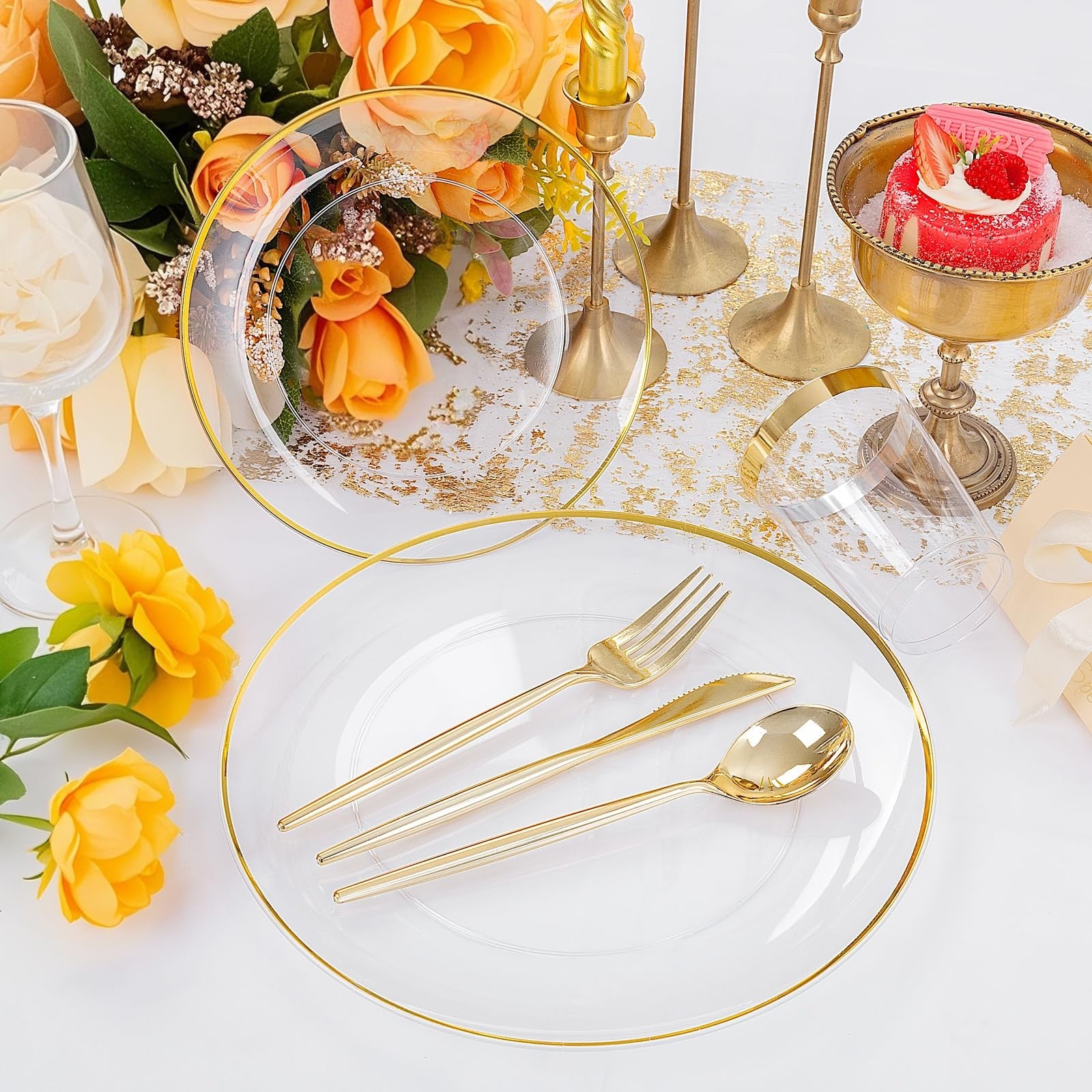 Set of 180 ejonirinjonir gold plastic plates with clear design and gold trim, ideal for parties and gatherings.